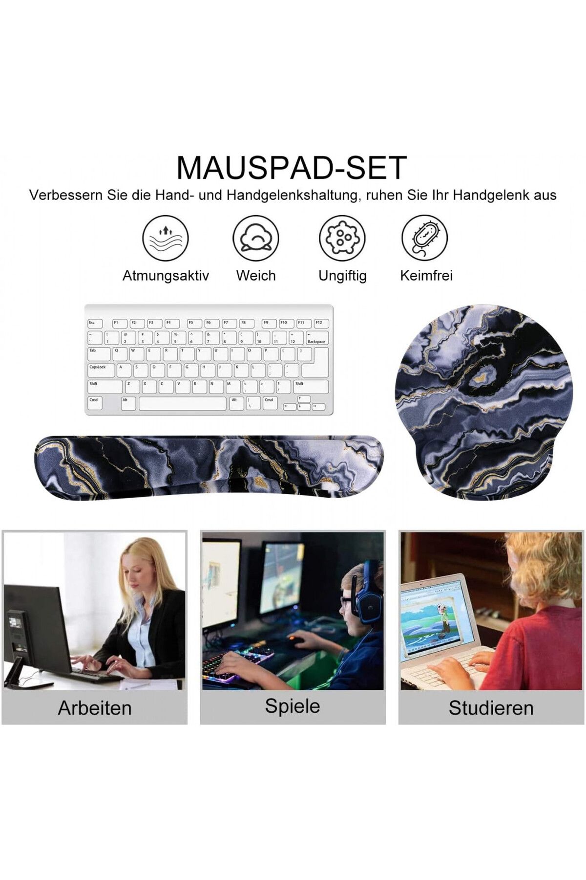 Haocoo-mousepad and wrist rest set, memory foam/PU rubber, gray/black/gold 4