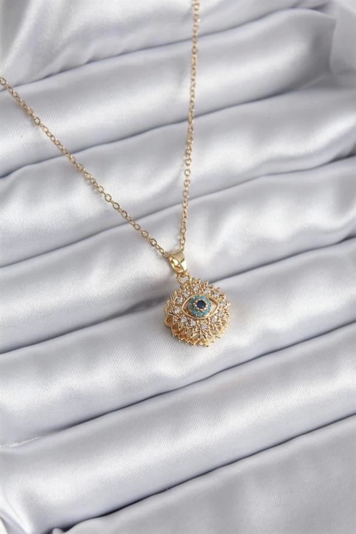 Lale Moda 316L Çelik Gold Renk Zirkon Taşlı Göz Model Kadın Kolye