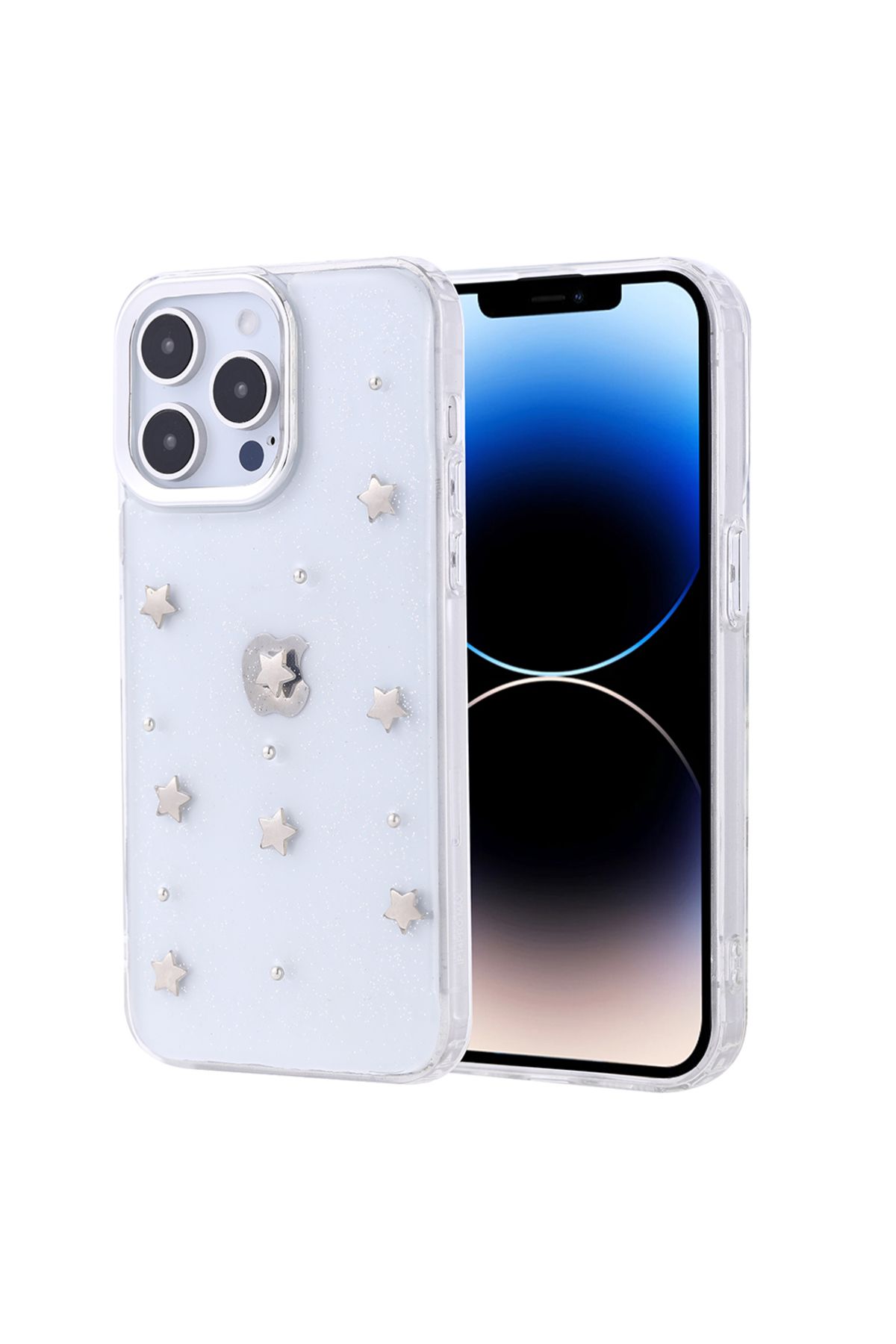 Gpack iPhone 14 Pro uyumlu Kılıf Kenarlar Airbagli Simli Şeffaf Kutup Kapak Gümüş