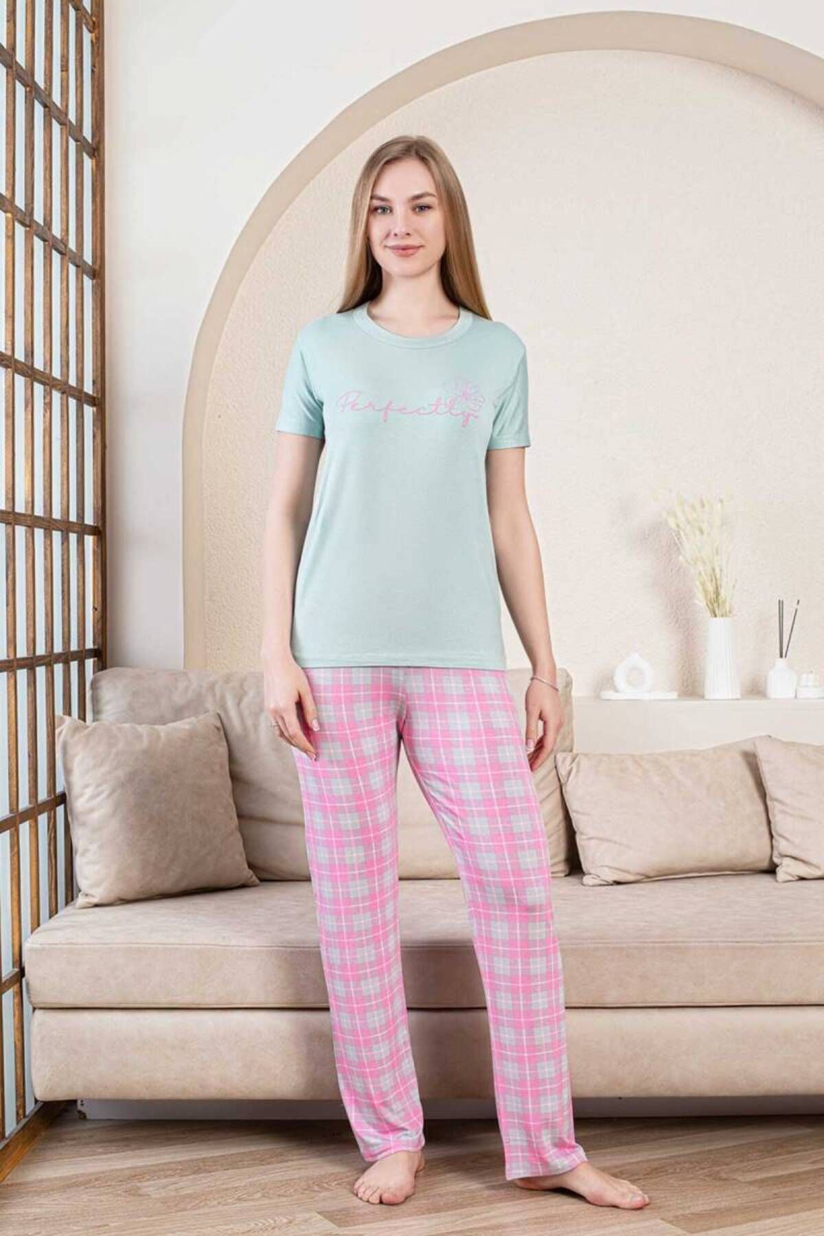ALİMER Ekoseli Kadın Pijama Takımı - Perfectly Yeşil Kısa Kollu Likralı Bambu 2856KY