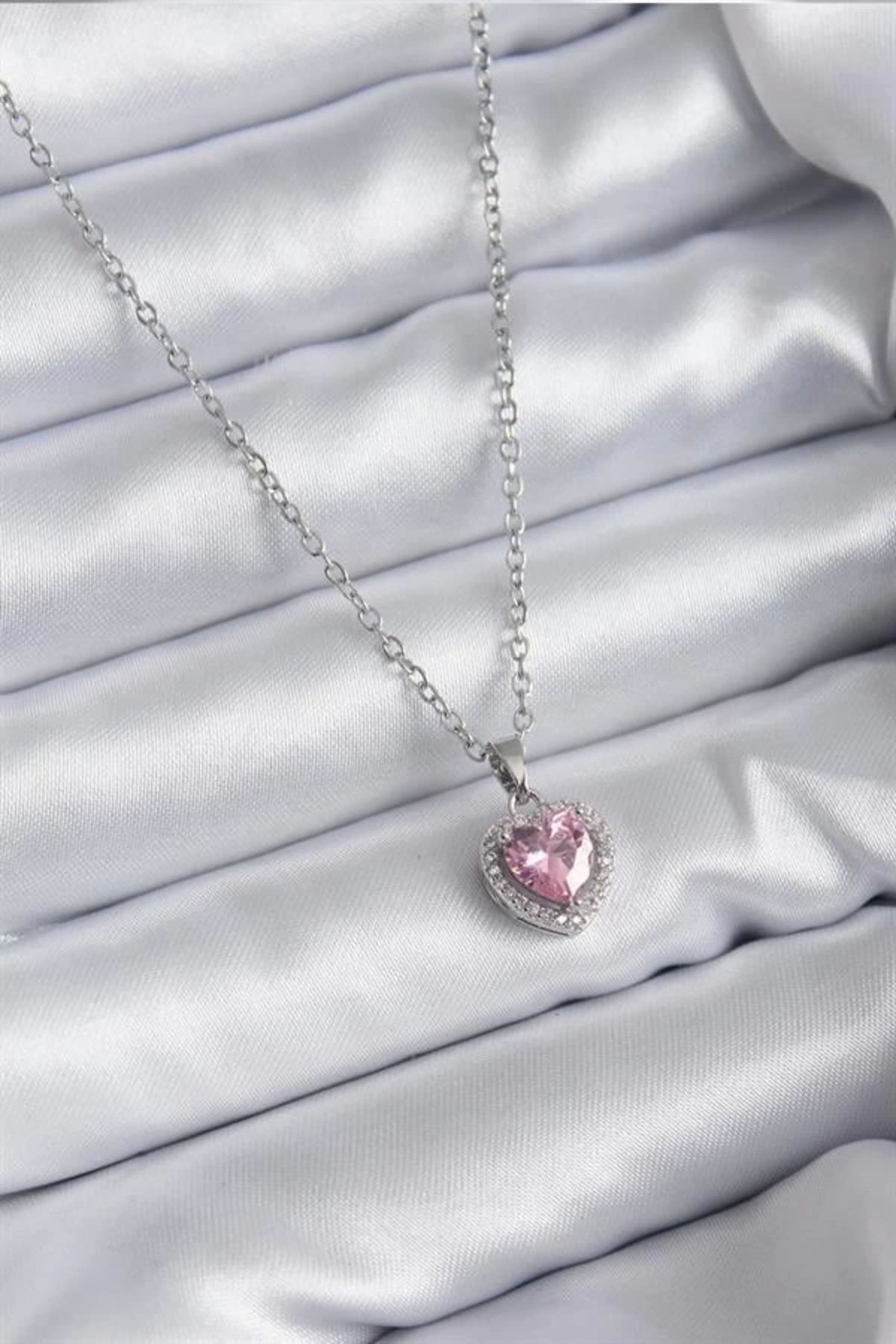 Lale Moda 316L Çelik Zincir Gümüş Renk Pembe Zirkon Taş Charm Model Kadın Kolye