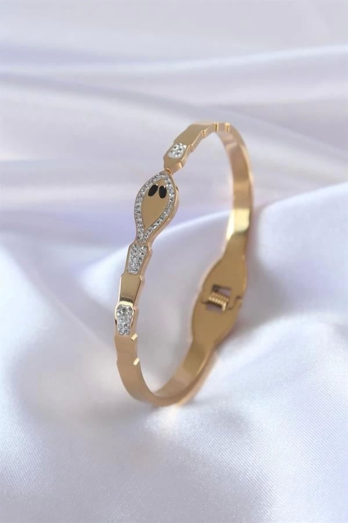 Lale Moda 316L Çelik Gold Renk Yılan Model Zirkon Taş Detay Kadın Kelepçe