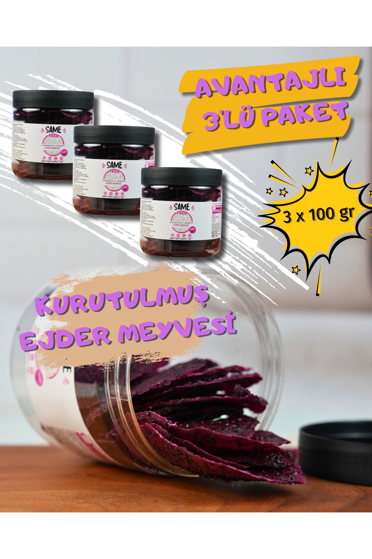 same food Doğal Katkısız Kurutulmuş Ejder Meyvesi Dilimleri 100gr Glutensiz Şekersiz Vegan Atıştırmalık Ejder