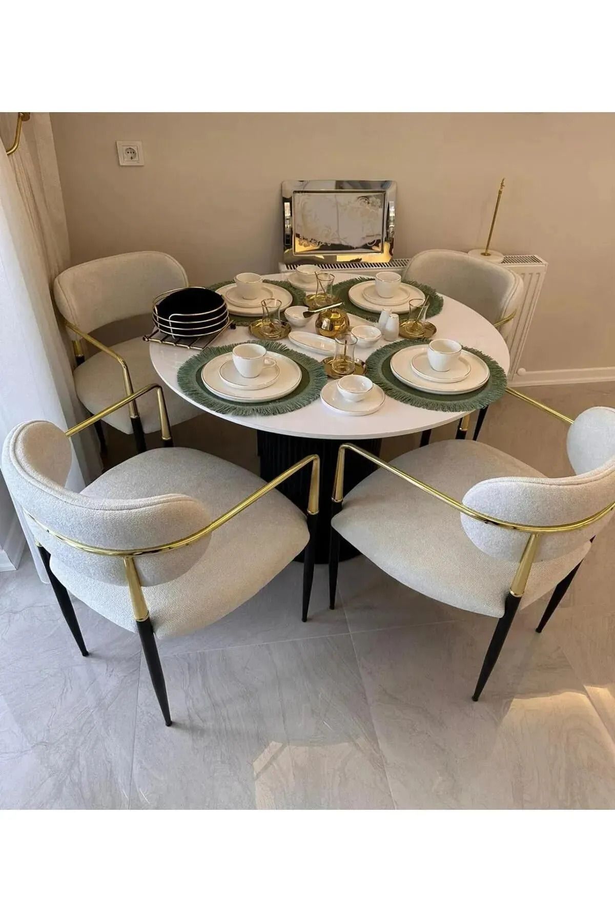 SEZBİL Gold Serisi Atlas (4 KİŞİLİK) Salon Takımı Bohem Lüks Cafe Restoran Mutfak