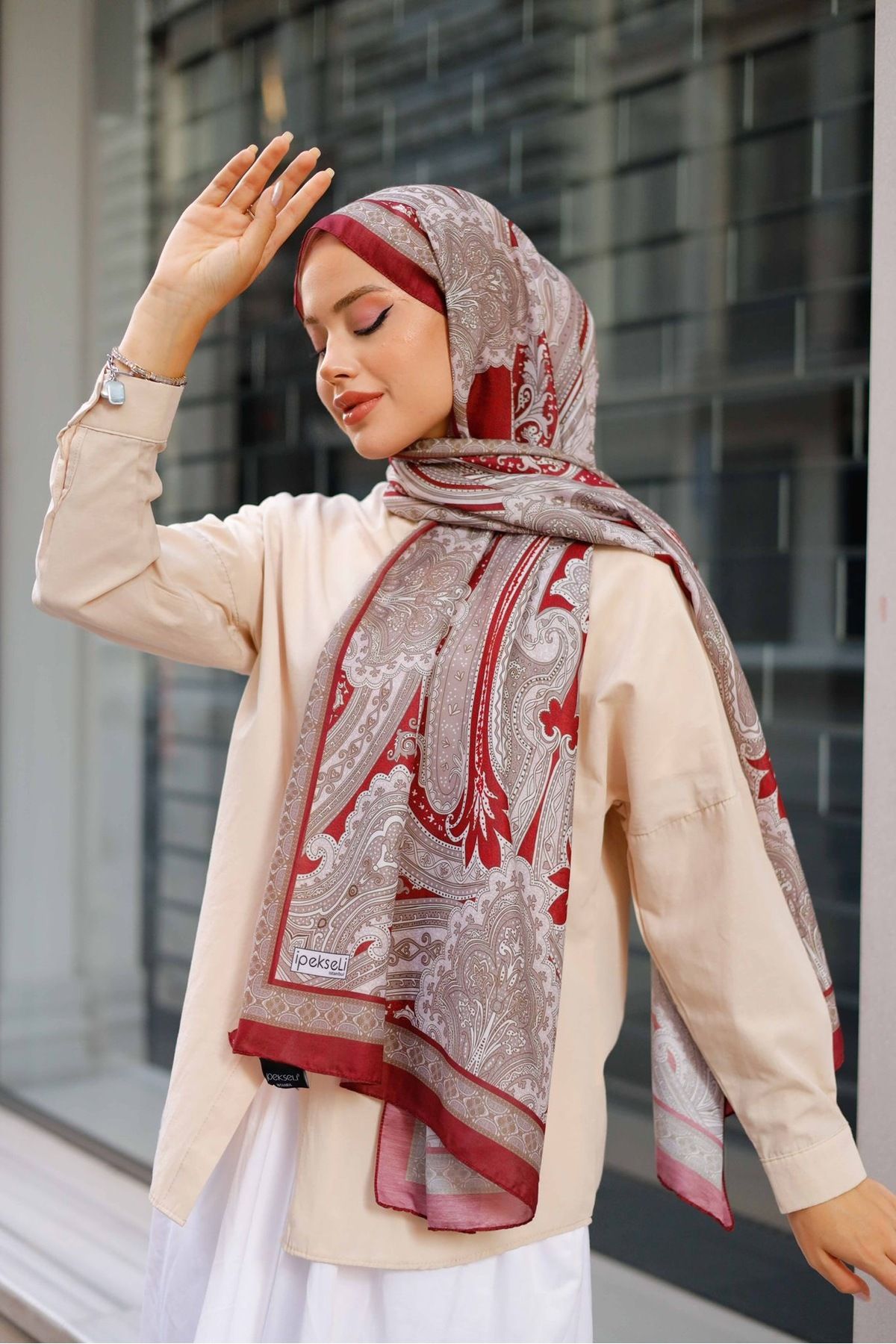 İpekseli Premium Kalite Etnik Desen Bordo Şal 70*200