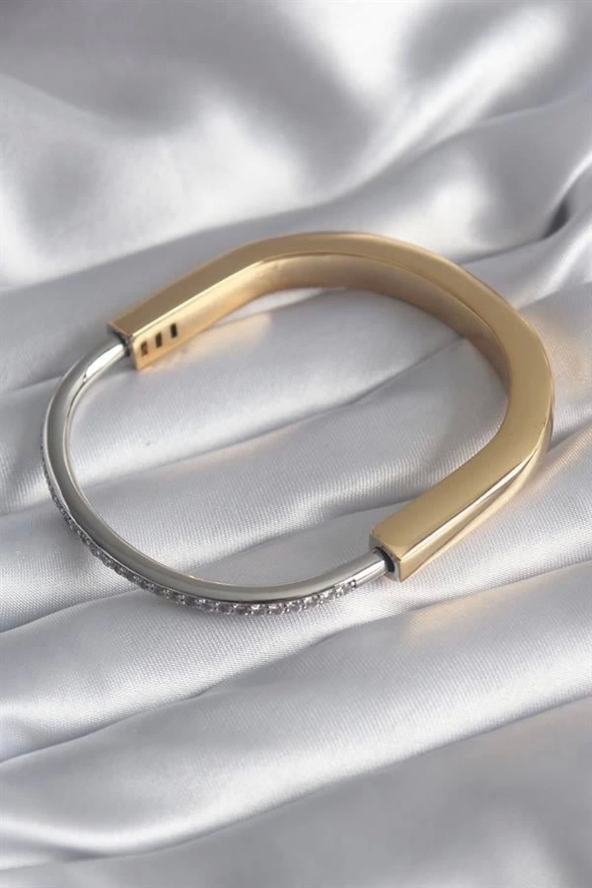 Lale Moda 316L Çelik Gold Gümüş Renk Zirkon Taşlı VIP Seri Kadın Kelepçe