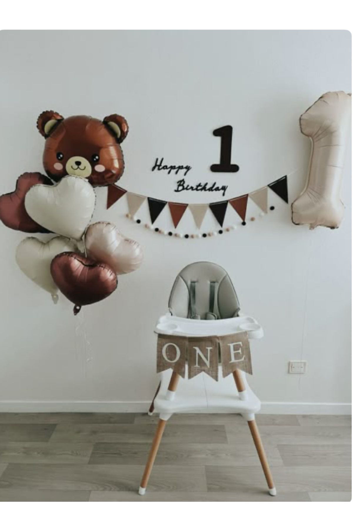 Çemrek Süs Parti Kahve Krem Bej Kalp Folyo Balon Ayı Kafası Folyo Balon 1 Yaş Konsept Balon Seti 9 Parça