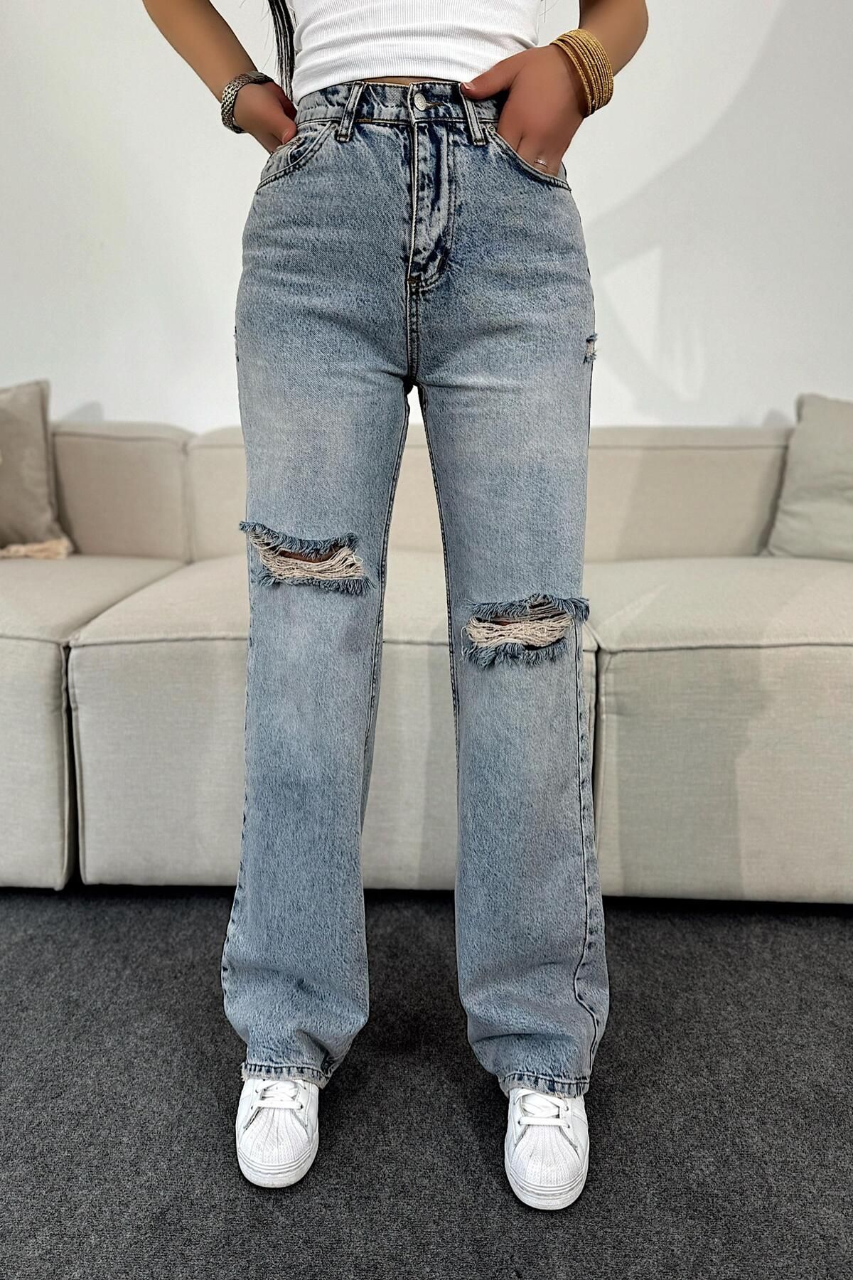 Butik Gardrop Ultra Yüksel Bel Lazer Kesim Tasarım Jean Pantolon Mavi