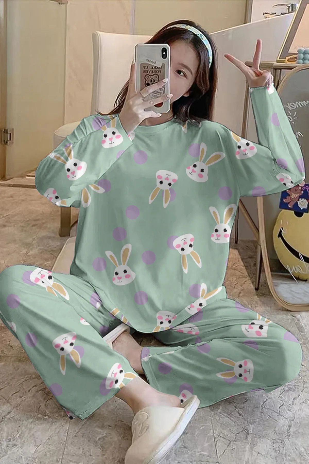 PEMBİŞ HOMEWEAR Uzun Kollu Pijama Takımı Yeşil Rabbit Süprem