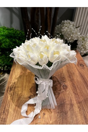 Pika İncili Tüllü Islak Lale Gelin Buketi - Lale Gelin Çiçeği - Islak Lale