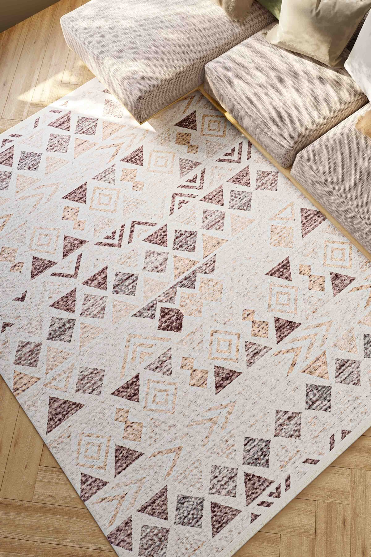 Oriente Home Geometrik Desenli Yıkanabilir Kaymaz Taban Şönil Krem Kahverengi Mutfak Halısı 8310
