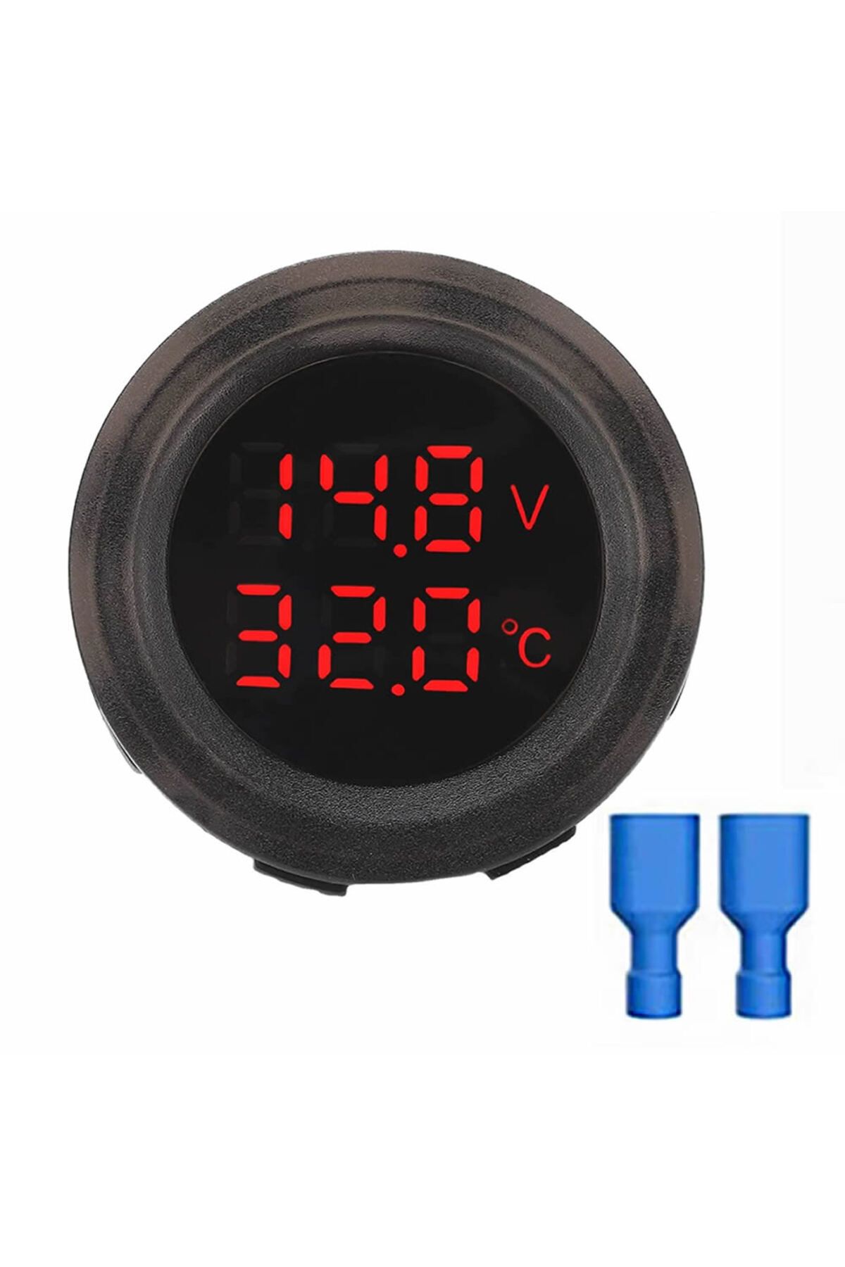 ROBİZ Yuvarlak Voltmetre Termometre 12V 24V Panel Tip Montaj Dijital Kırmızı Renk Led Sıcaklık Isı Voltaj