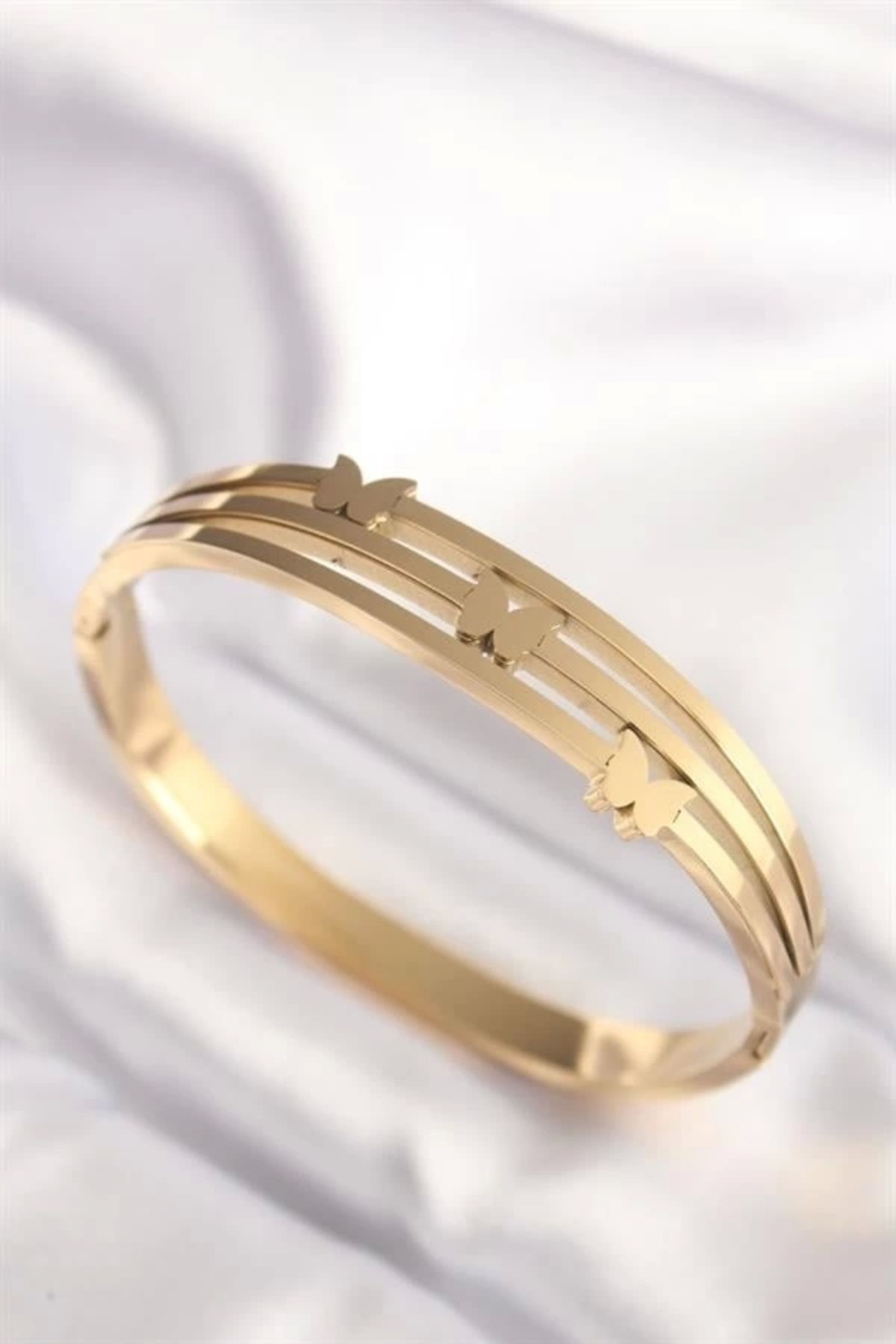 Lale Moda 316L Çelik Kelebek Gold Renk Kadın Kelepçe Bilezik
