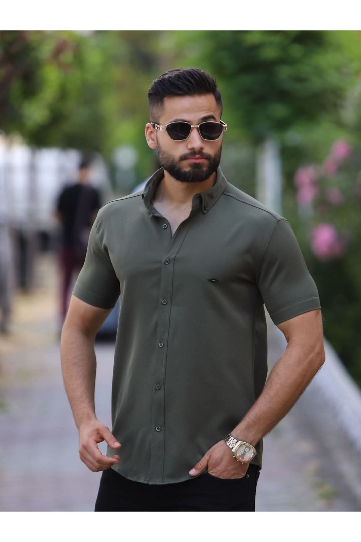 Artı1 Slim Fit Kısa Kollu Kolay Ütü Teri Emen Nefes Alan Timsah Nakışlı Dört Mevsim Erkek Gömlek