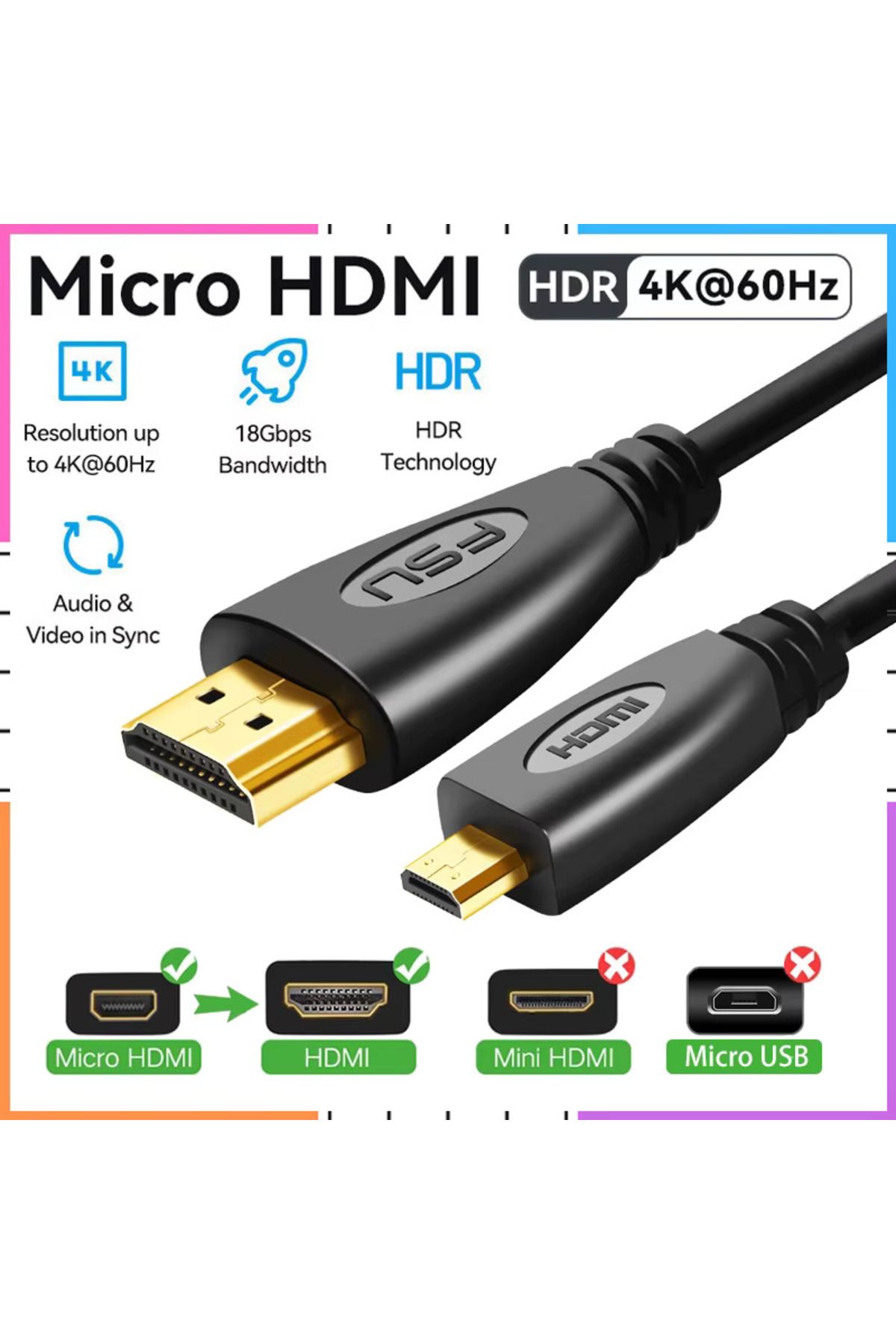 Derwell 3 Metre 3mt Micro Hdmi To Hdmi Çevirici Mikro Dönüştürücü Adaptör Tv Kablosu Tablet/Laptop Cabble