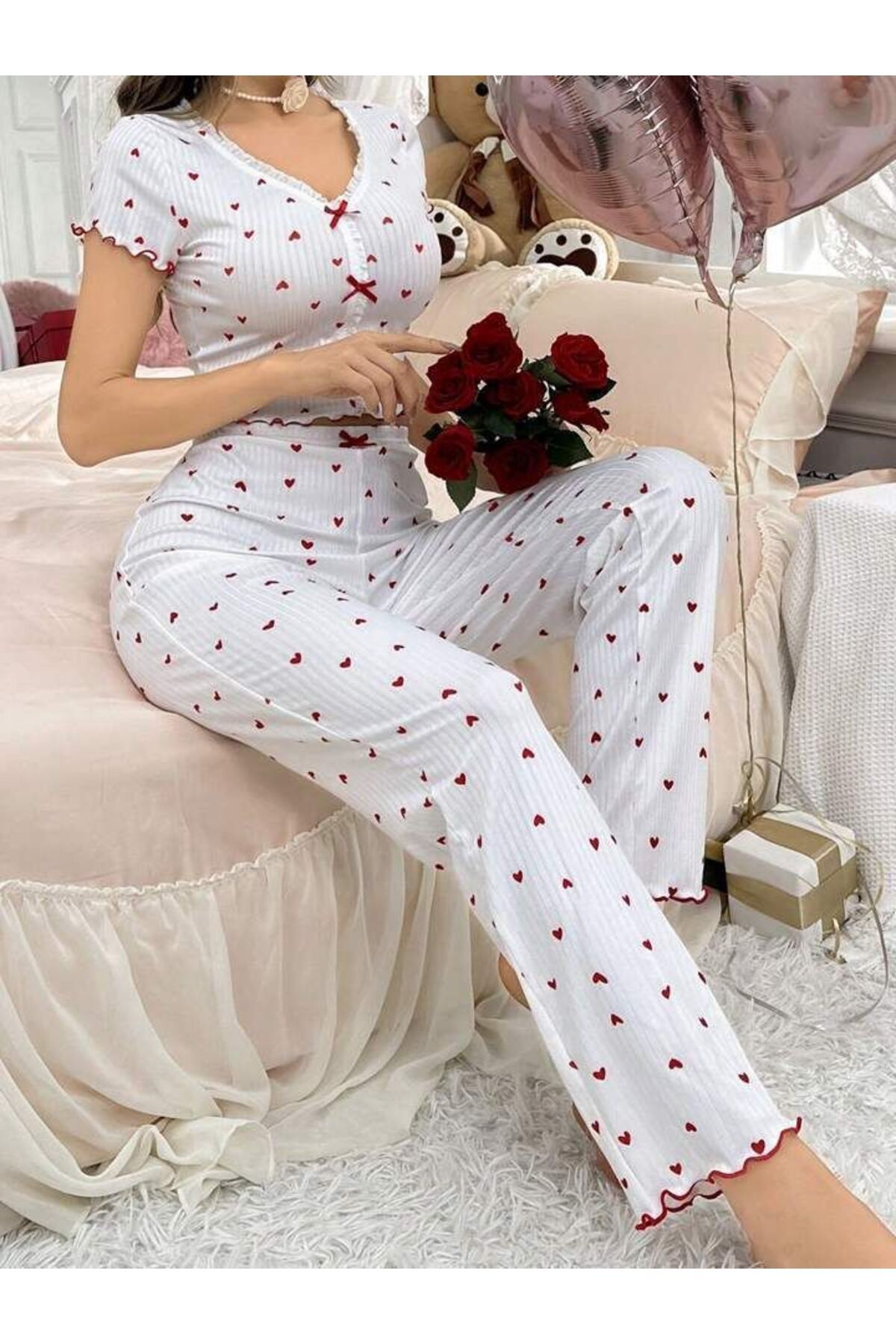 cdh çeyize dair herşey Love Bloom Red Crop model KISA KOLLU Pijama Takımı 6848