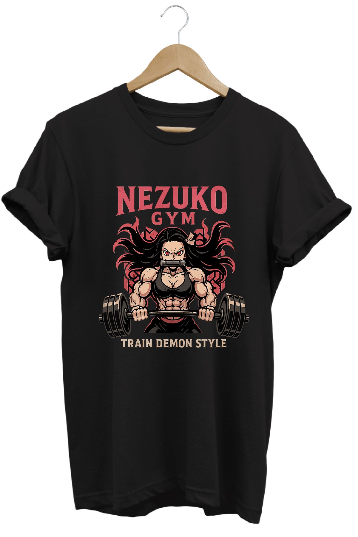 remonz Kadın Nezuko Gym Baskılı Regular Fit %100 Pamuklu Tişört Geniş Renk ve Beden
