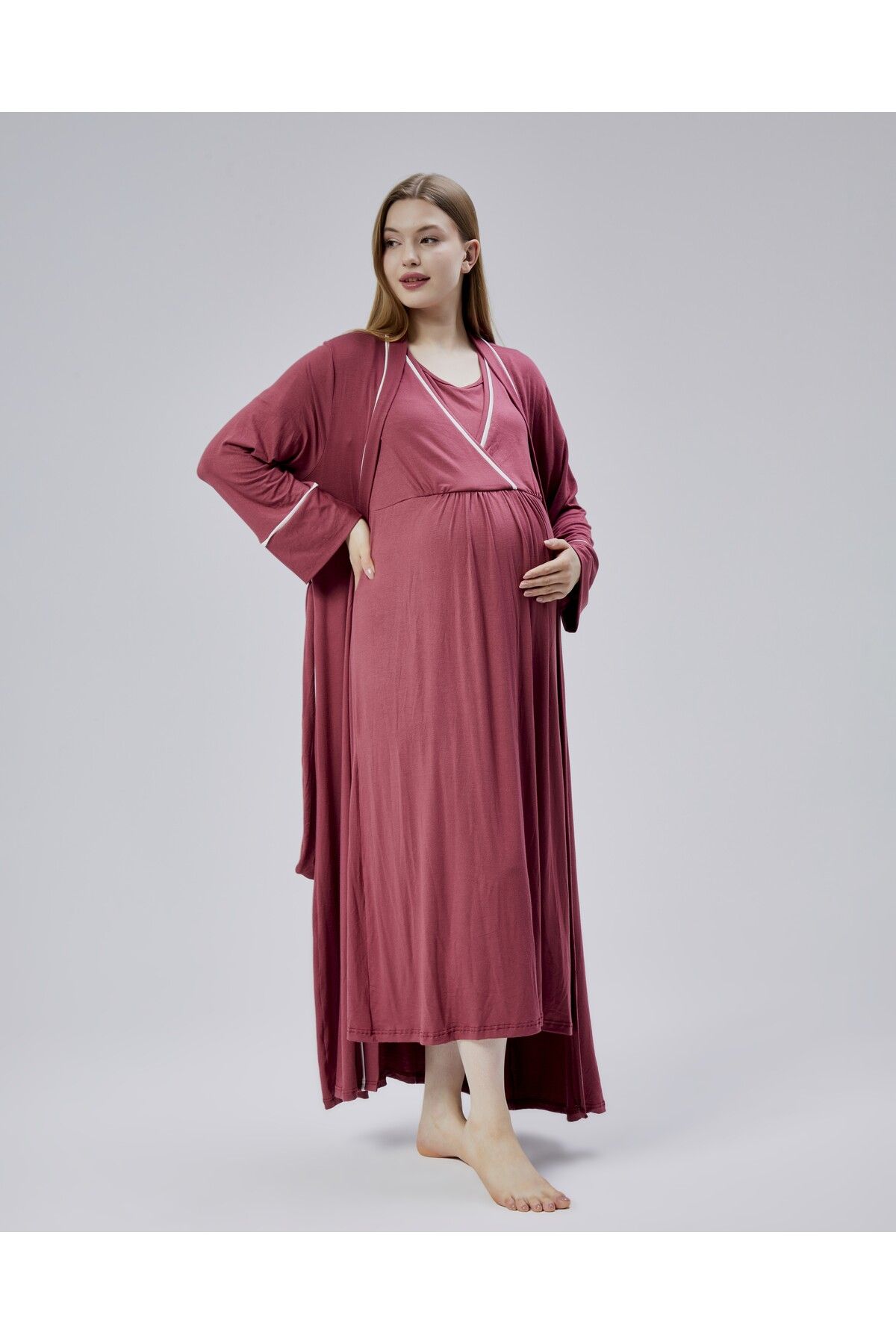 LOHOUSE-Women's Burgundy Ribbed Cotton Maternity Nightgown-Morning Gown Set of 2 3