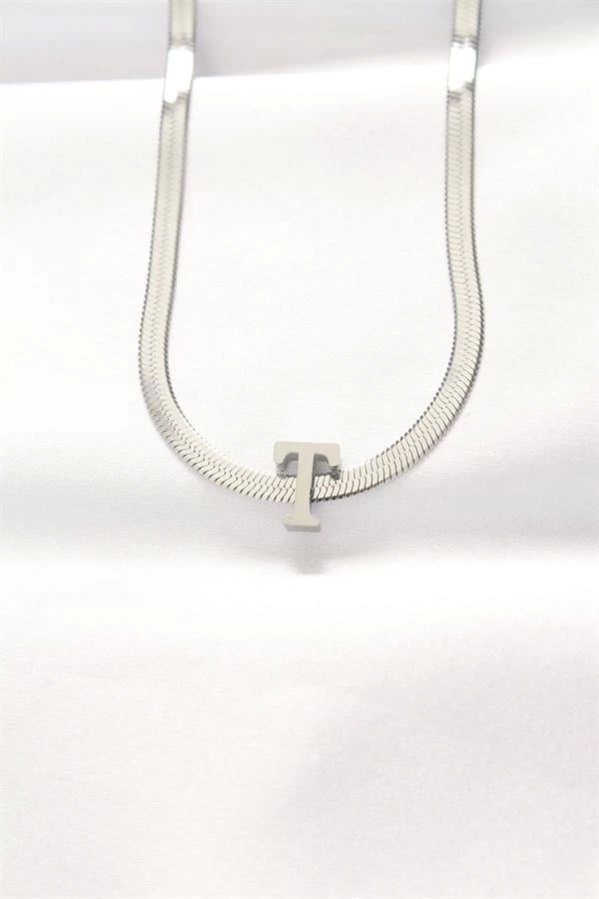 Lale Moda 316L Çelik T Harfli Silver Renk İtalyan Zincirli Kolye