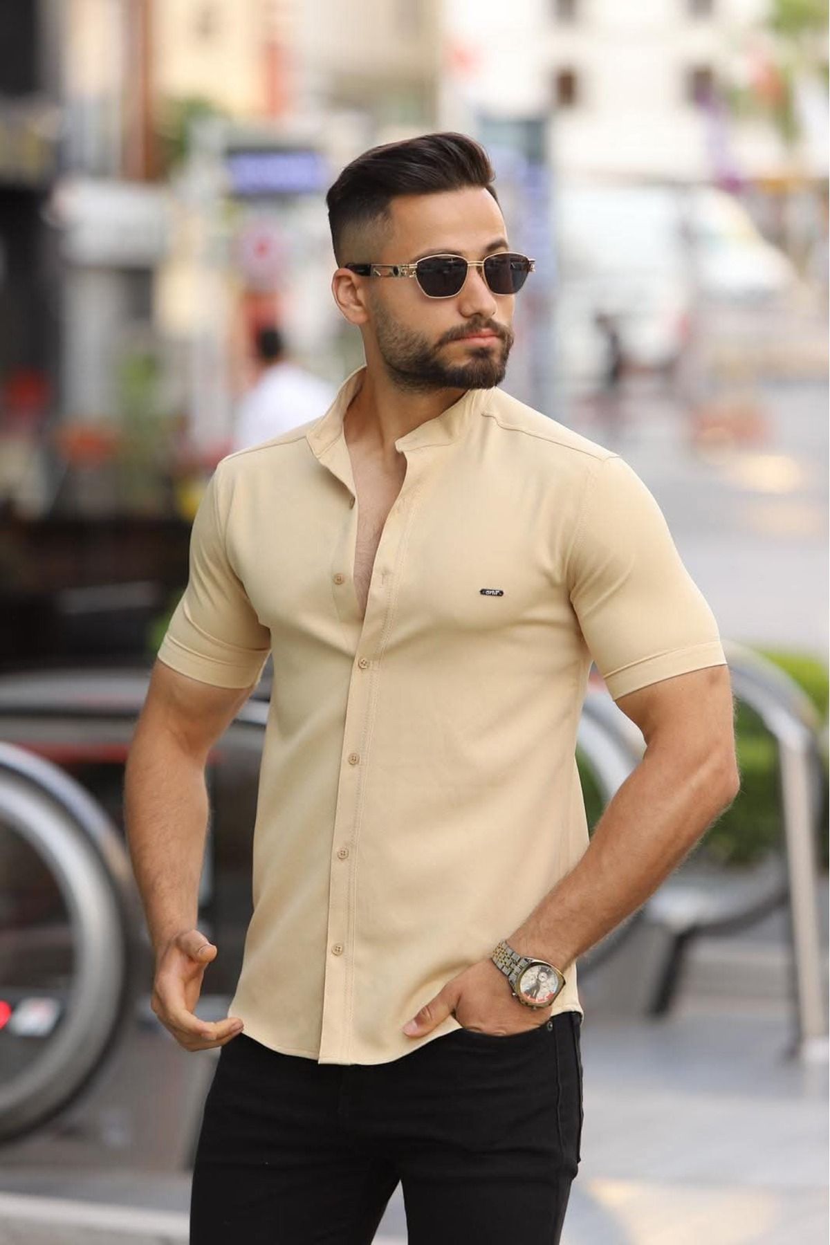 Artı1 SlimFit Kısa Kollu Kolay Ütü Teri Emen Nefes Alan Timsah Nakışlı DörtMevsim HAKİM YAKA Erkek Gömlek