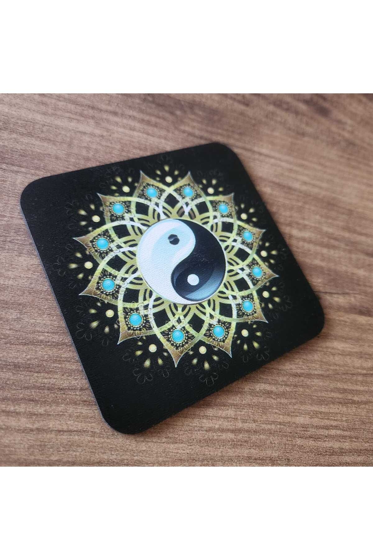 fırsatlar diyarı Yin Yang Desenli Çay Kahve Ahşap Bardak Altlığı Seti 6 Adet