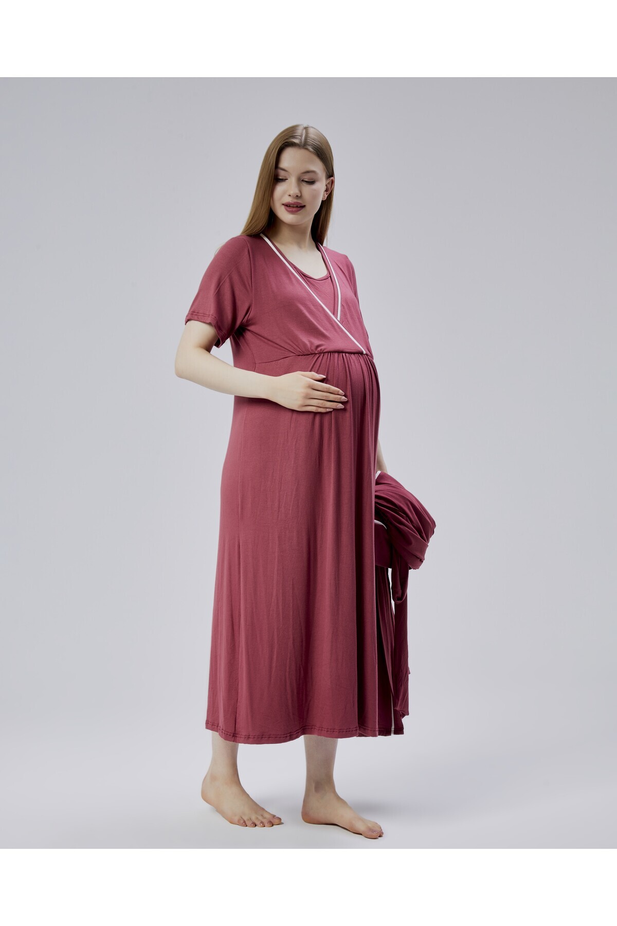 LOHOUSE-Women's Burgundy Ribbed Cotton Maternity Nightgown-Morning Gown Set of 2 4