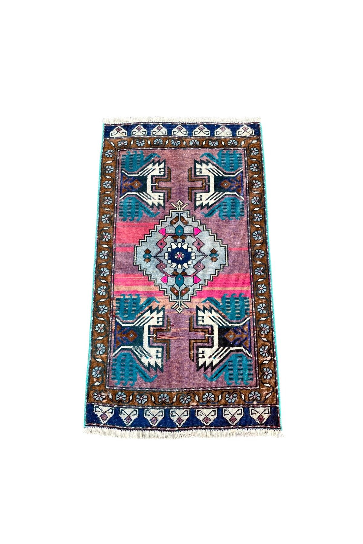 BURAK HALI El Dokuma Mor Pembe Eskitme Kırşehir Halısı 50x93 Küçük Halı Vintage