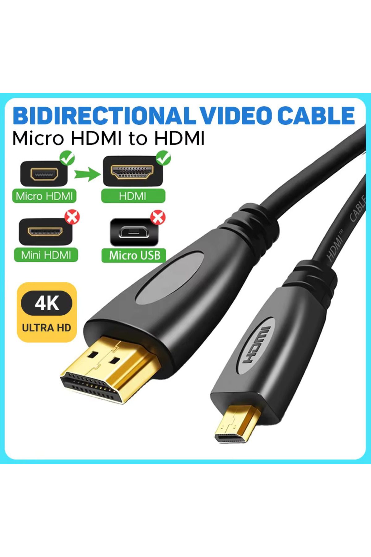 Derwell 3 Metre Mikro HDMI Dönüştürücü Kablo 1080P 4K HDMI Kablosu Tablet HDTV Kamera için Yüksek Hızlı Kabl