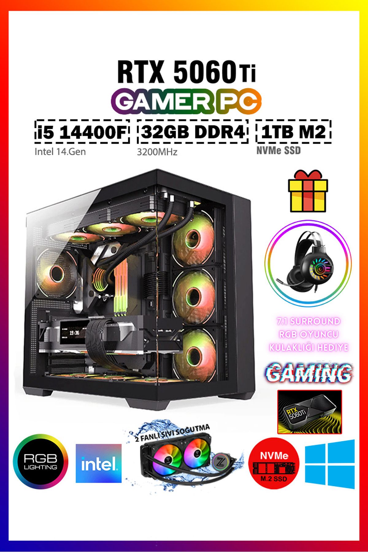 Gamepage G-Palace X7 Intel Core I5-14400F 32GB Ram 1tb M2 SSD 8gb RTX5060TI Sıvı Soğutmalı Oyuncu Bilgisayarı