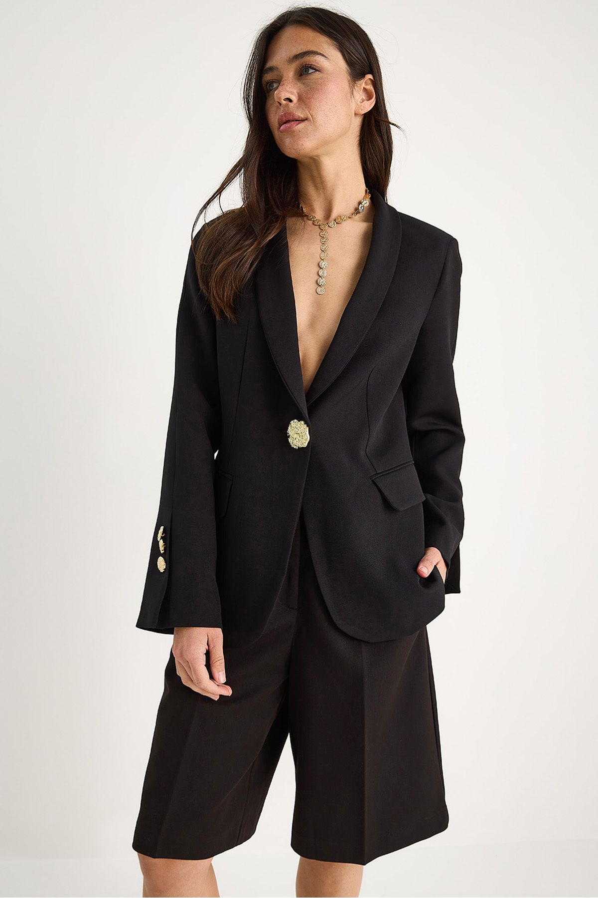 Bianco Lucci Kadın Gold Düğme Detaylı Hakim Yaka Şık Blazer Ceket 50182 60283264