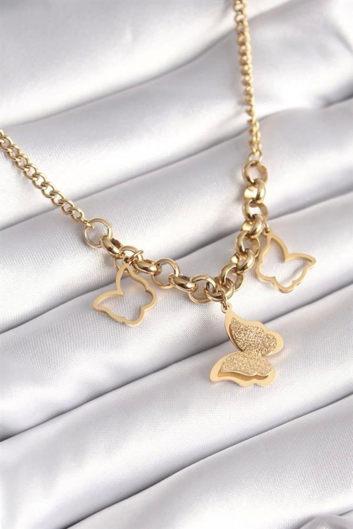 Lale Moda 316L Çelik Gold Renk Simli Kelebek Model Kadın Kolye