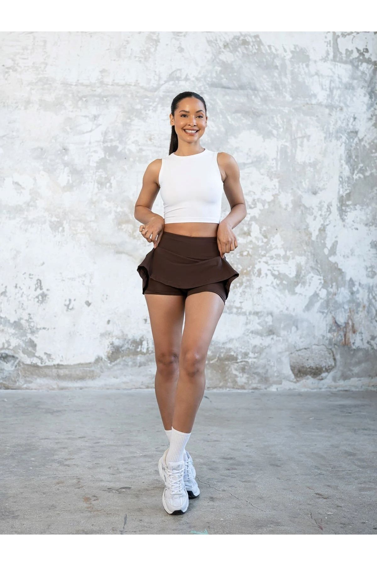 TÜKATO Kahverengi Renk 2 Katmanlı Yüksek Bel Tenis Eteği Spor Şort Etek Tennis Skirt