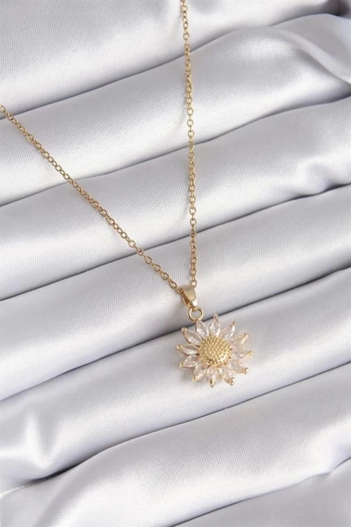 Lale Moda 316L Çelik Gold Renk Zirkon Taşlı Papatya Model Kadın Kolye