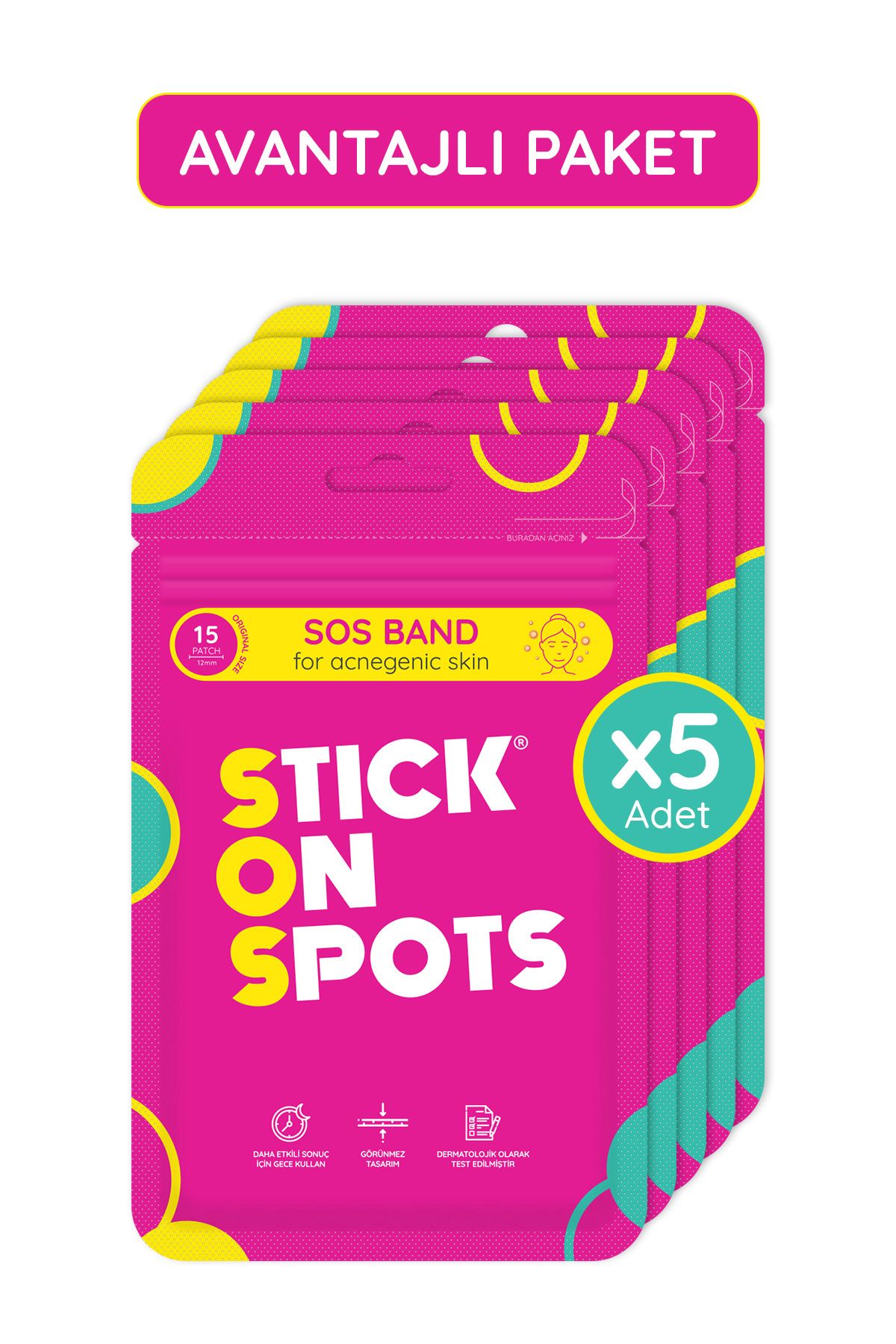 Stick On Spots S.o.s Band - 15 Adet Sivilce/akne Bandı - Pimple Patch- Hidrokolloid Bant X5
