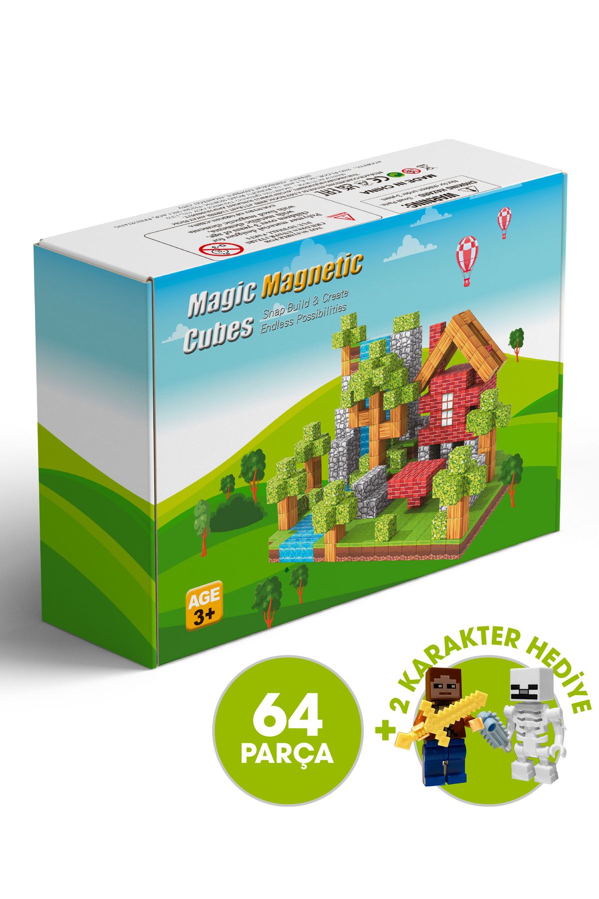 MAGNEBLOCKS Manyetik Yapı Blokları, 3 Boyutlu Mıknatıslı Oyuncak Küpler, Eğitici Oyuncak, 64 Parça