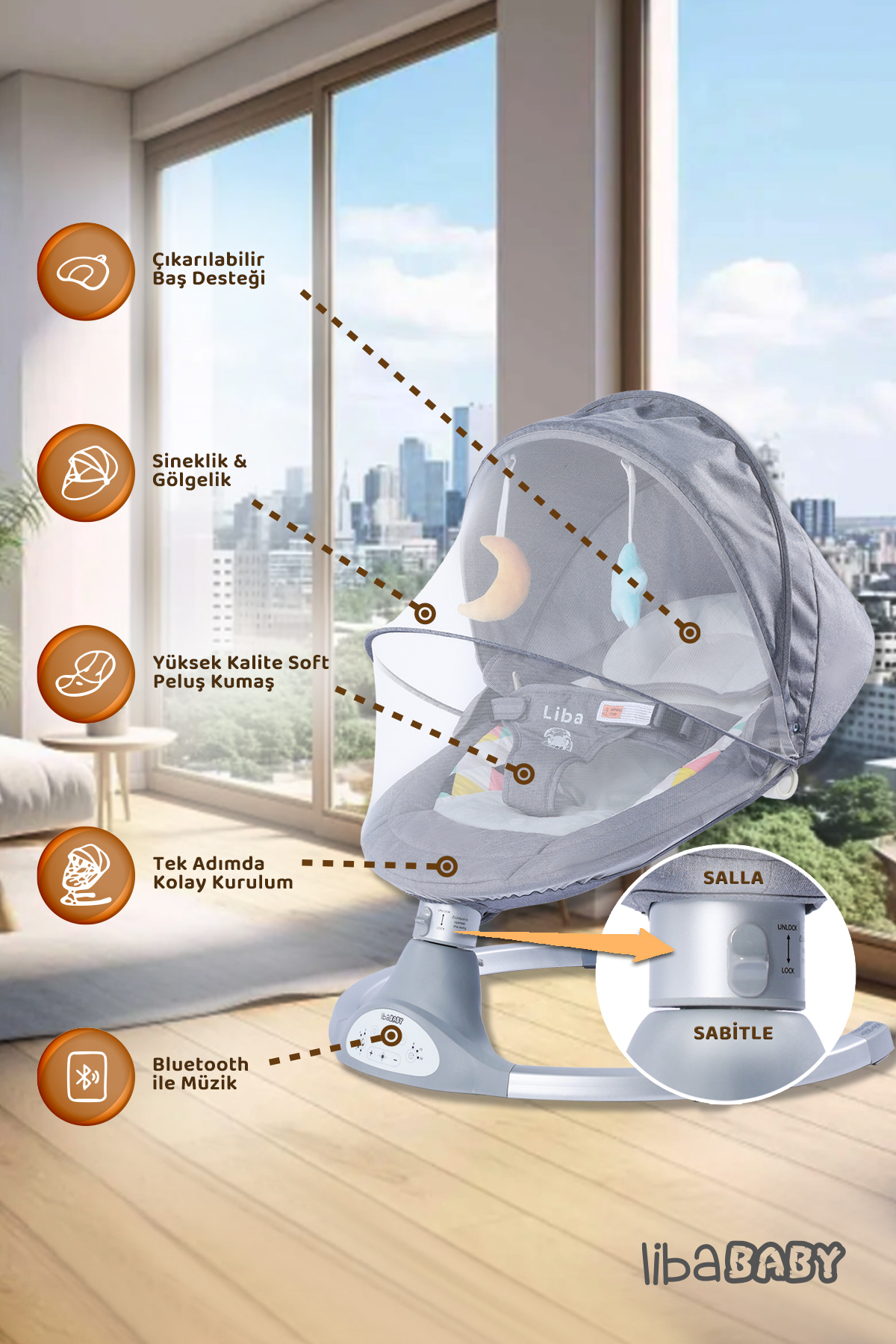 libaBABY KOALA Elite Elektrikli Bebek Ana Kucağı Bluetoothlu Otomatik Sallanan Müzikli Kumandalı + Keçe çanta fotoğrafı 4 (önizleme)