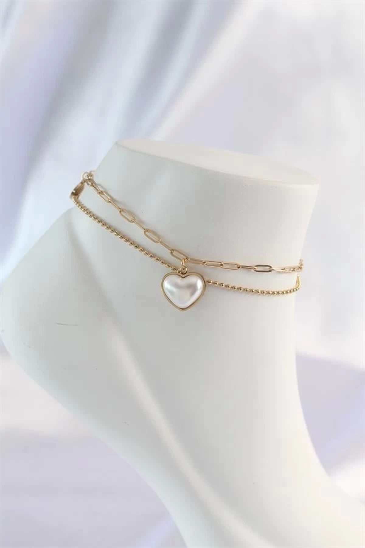 Lale Moda 316L Çelik Gold Renk Beyaz Kalpli 2li Halhal