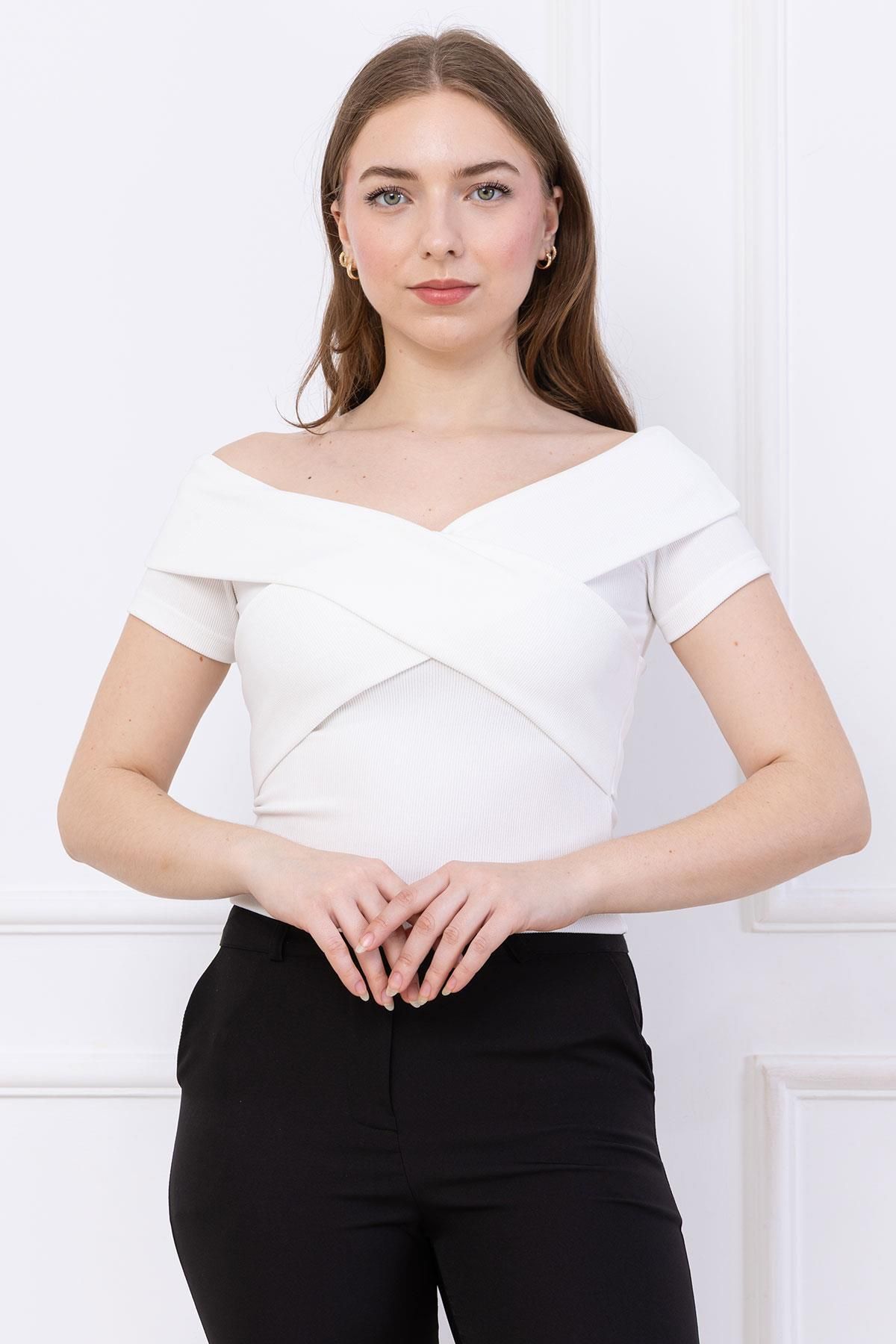 SENSTIL Çapraz Kesim Madonna Yaka Crop Beyaz SS2743