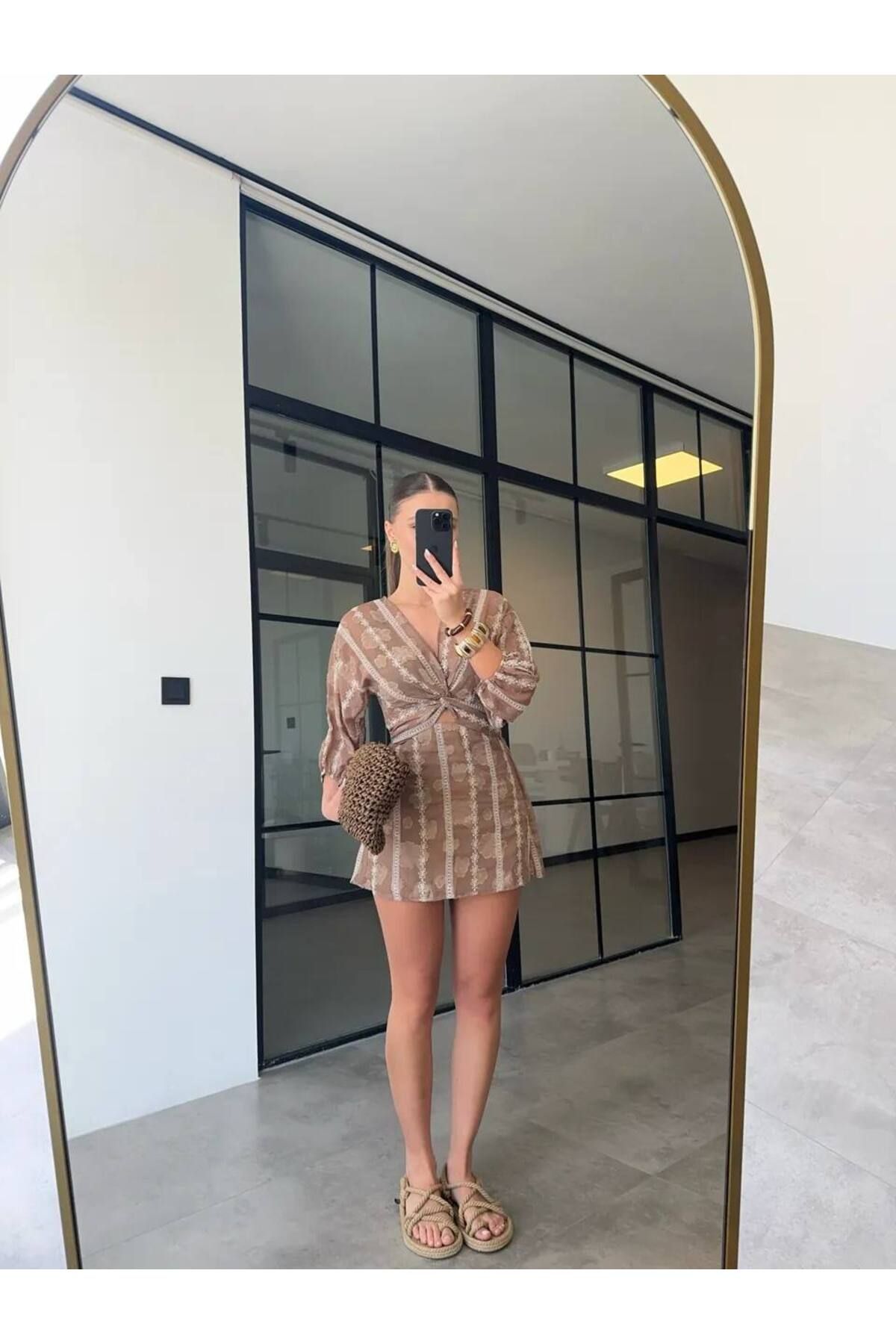 AlisaSuButik Kadın Kahverengi Transparan Mini Elbise