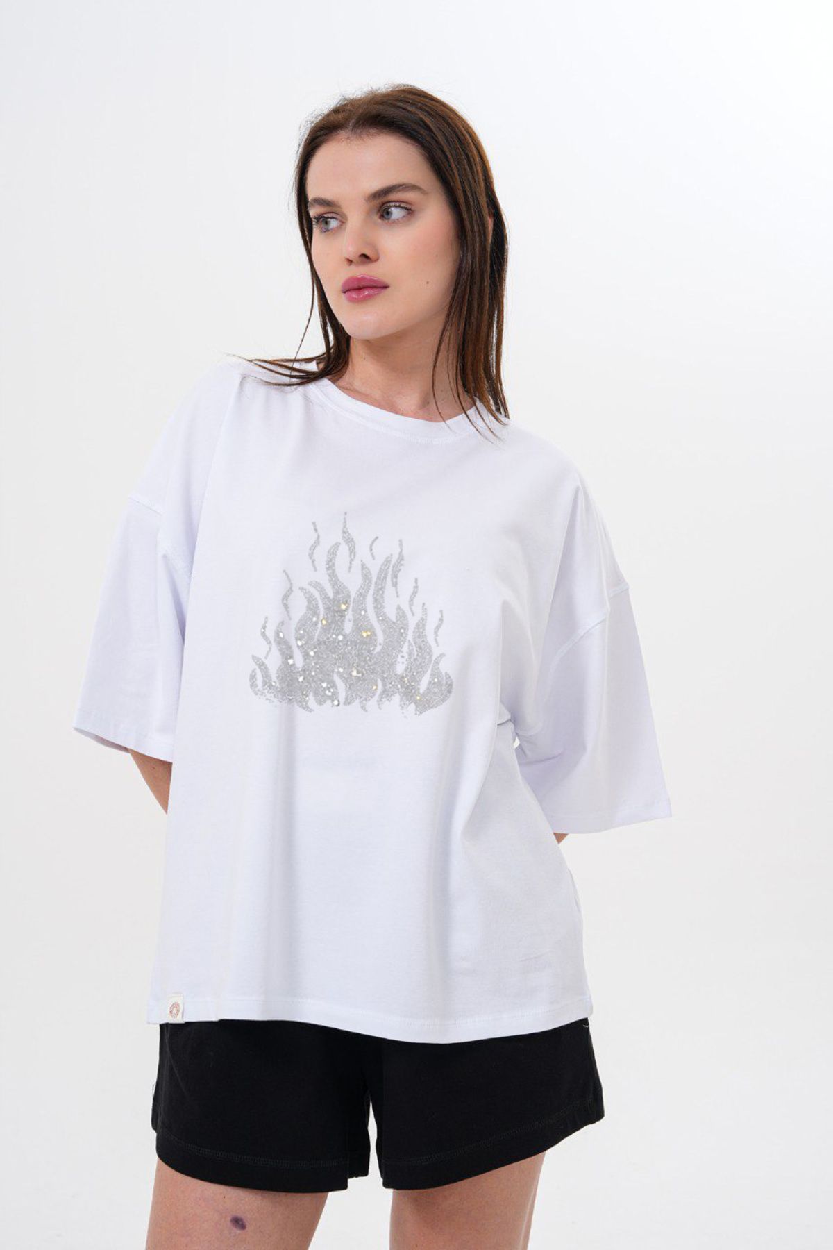 LOU MODA -KADIN TAŞ BASKILI TSHIRT OVERSİZE