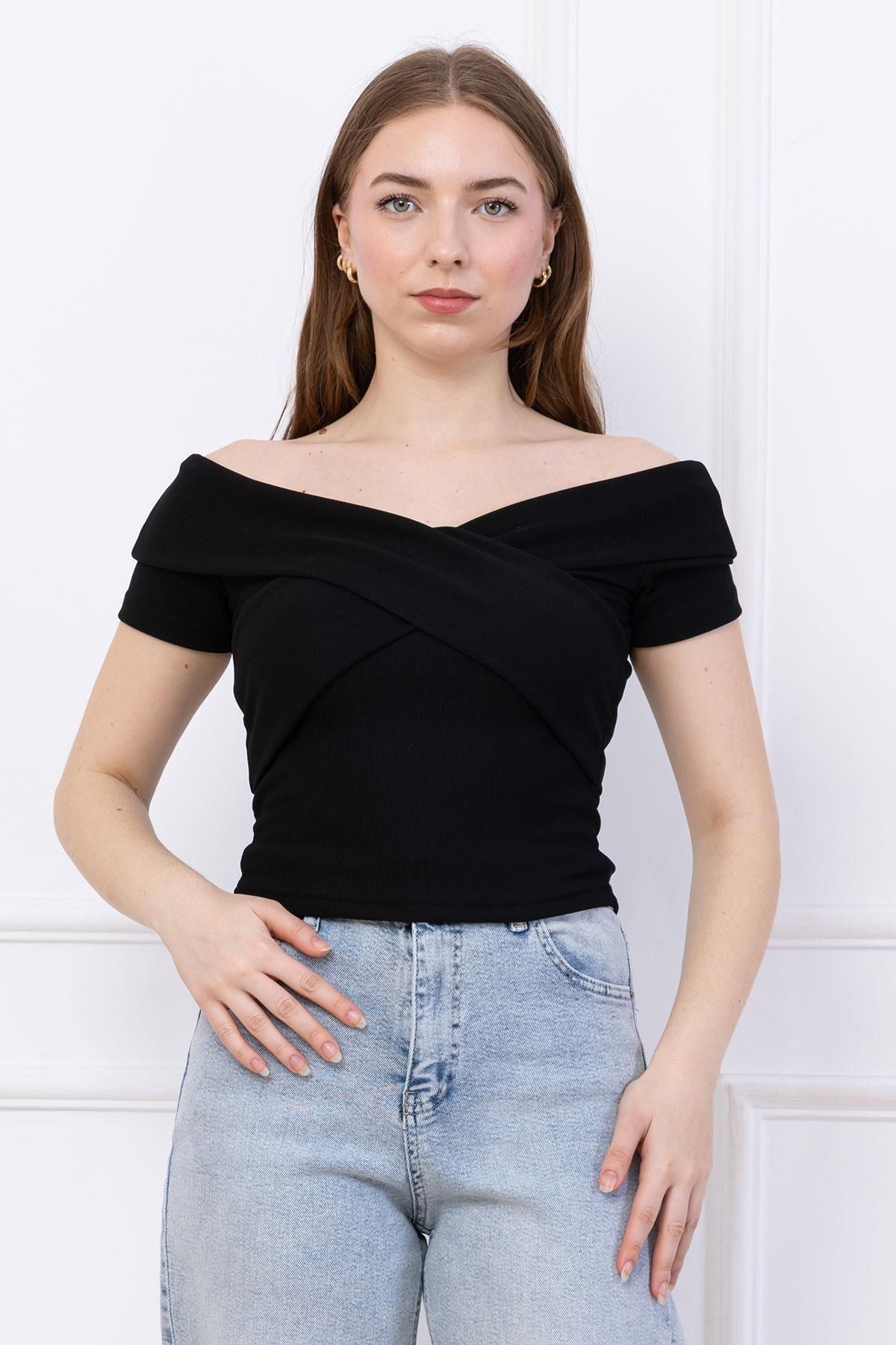 SENSTIL Çapraz Kesim Madonna Yaka Crop Siyah SS2743