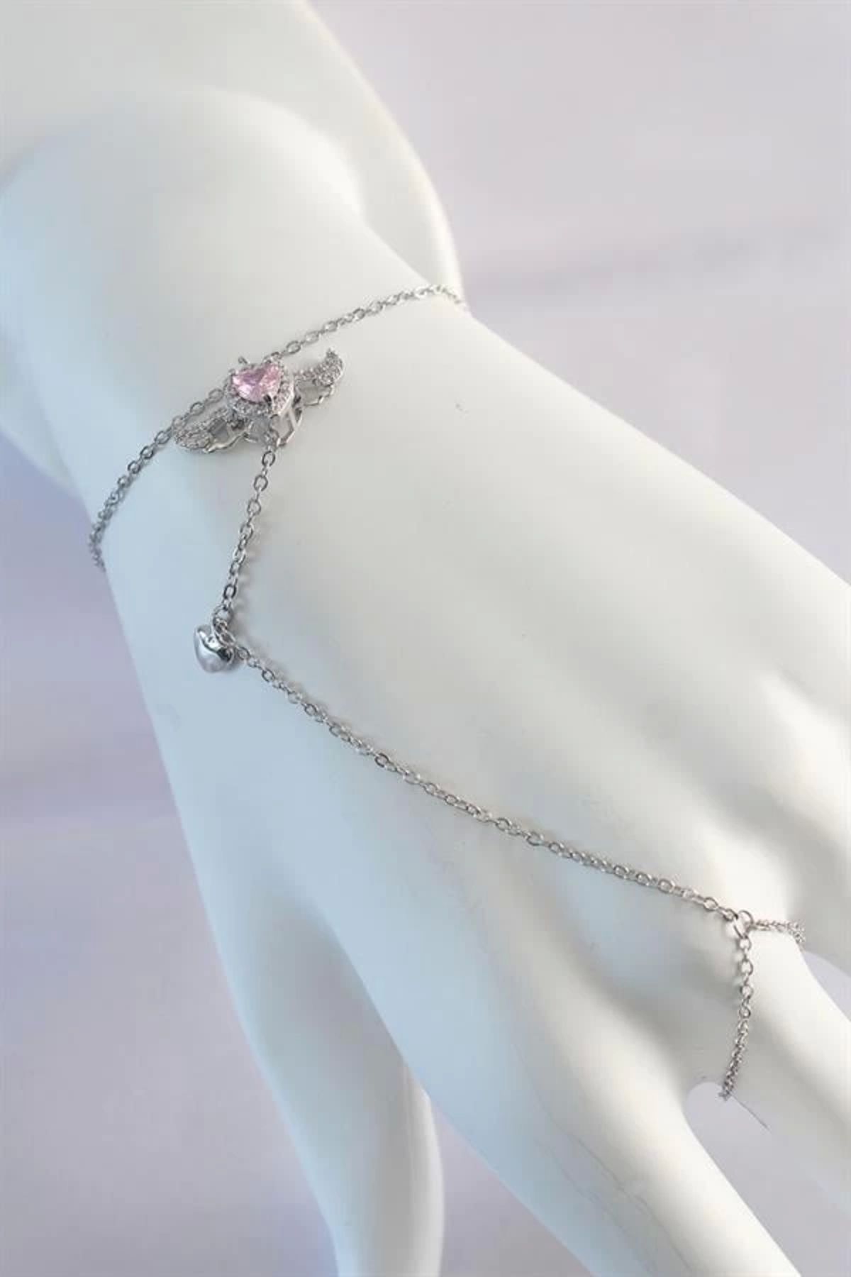 Lale Moda 316L Çelik Gümüş Renk Pembe Zirkon Taşlı Kanatlı Kalp Model Şahmeran