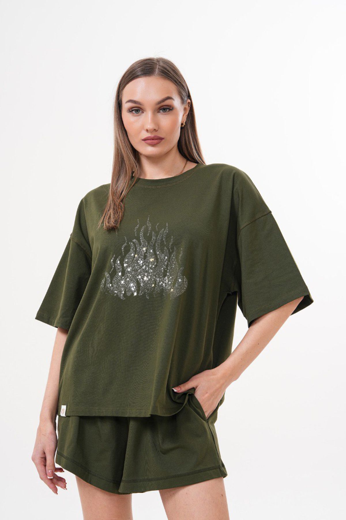 LOU MODA -KADIN TAŞ BASKILI TSHIRT-ŞORT TAKIMI OVERSİZE