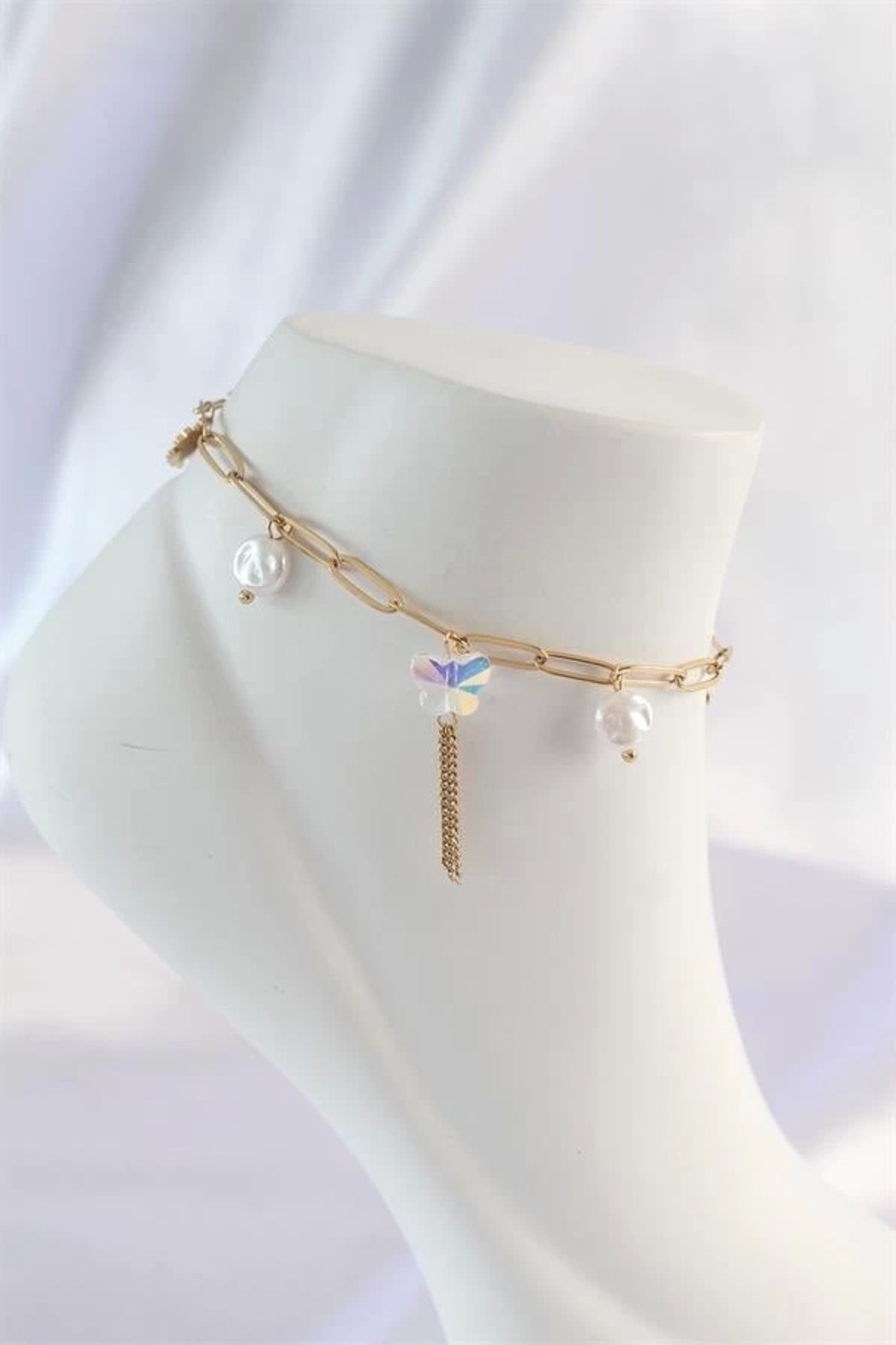 Lale Moda 316L Çelik Gold Renk Sallantılı Kelebek Halhal