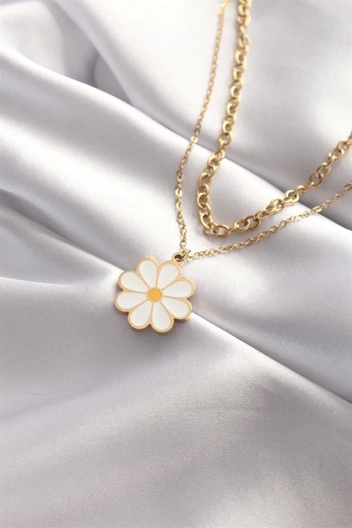 Lale Moda 316L Çelik Çift Zincir Gold Renk Papatya Tasarımlı Kolye