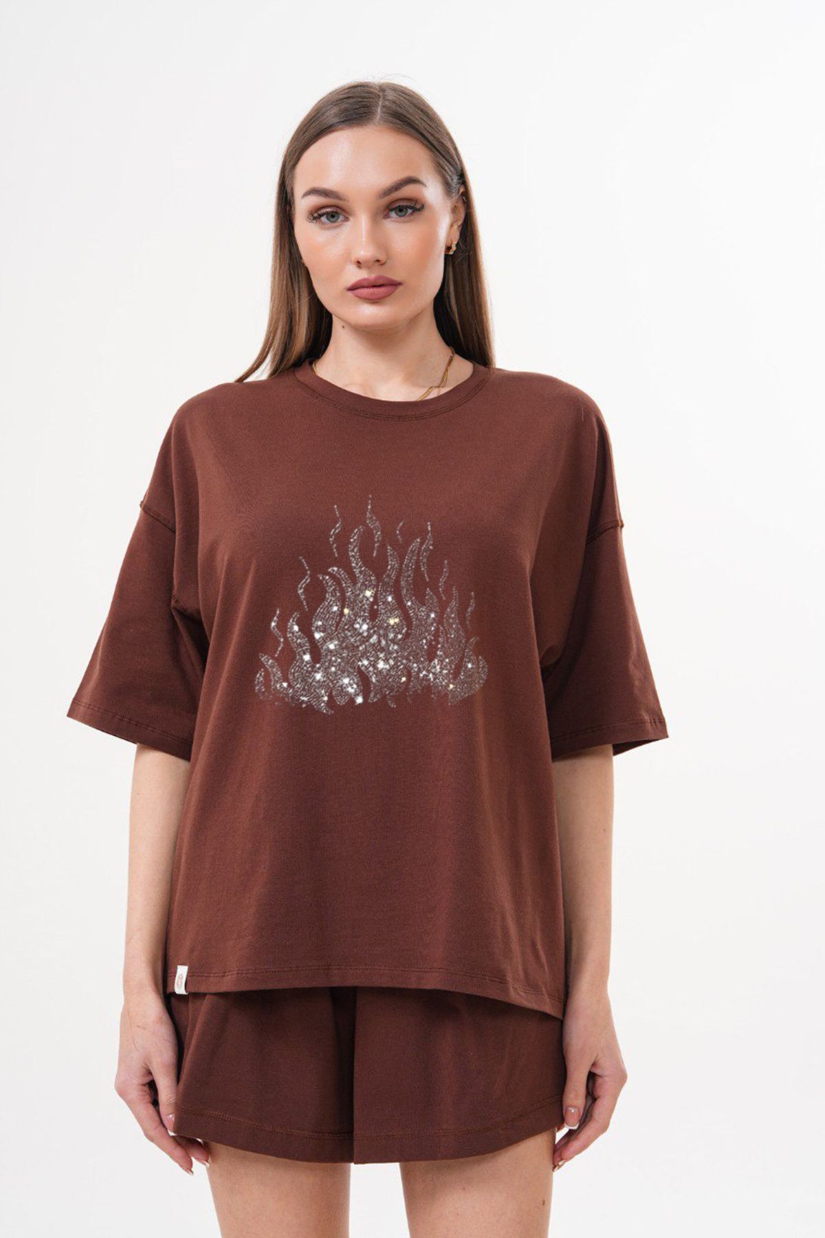 LOU MODA -KADIN TAŞ BASKILI TSHIRT-ŞORT TAKIMI OVERSİZE