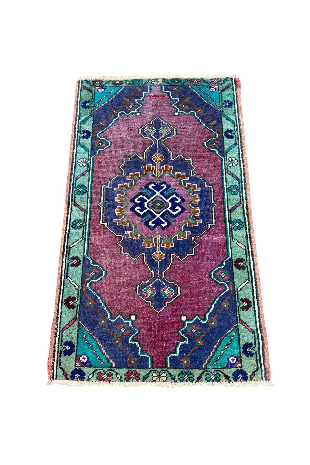 BURAK HALI El Dokuma Vintage Küçük Halı 49x86 Mor Yeşil Eskitme Yün Halı