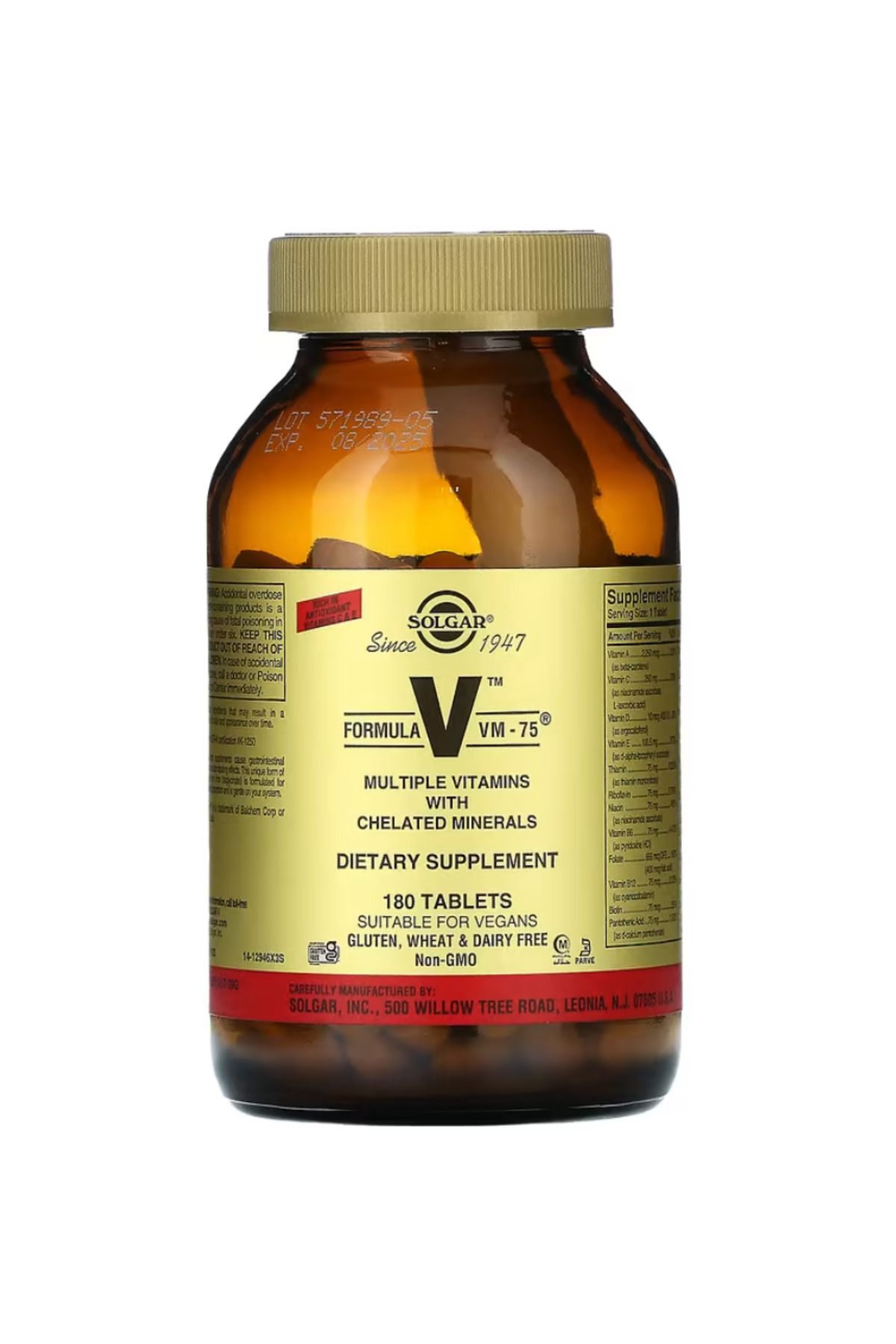 SOL Solgar, Formula V, VM-75, Multiple Vitamin with Chelated Minerals, 180 Tablets