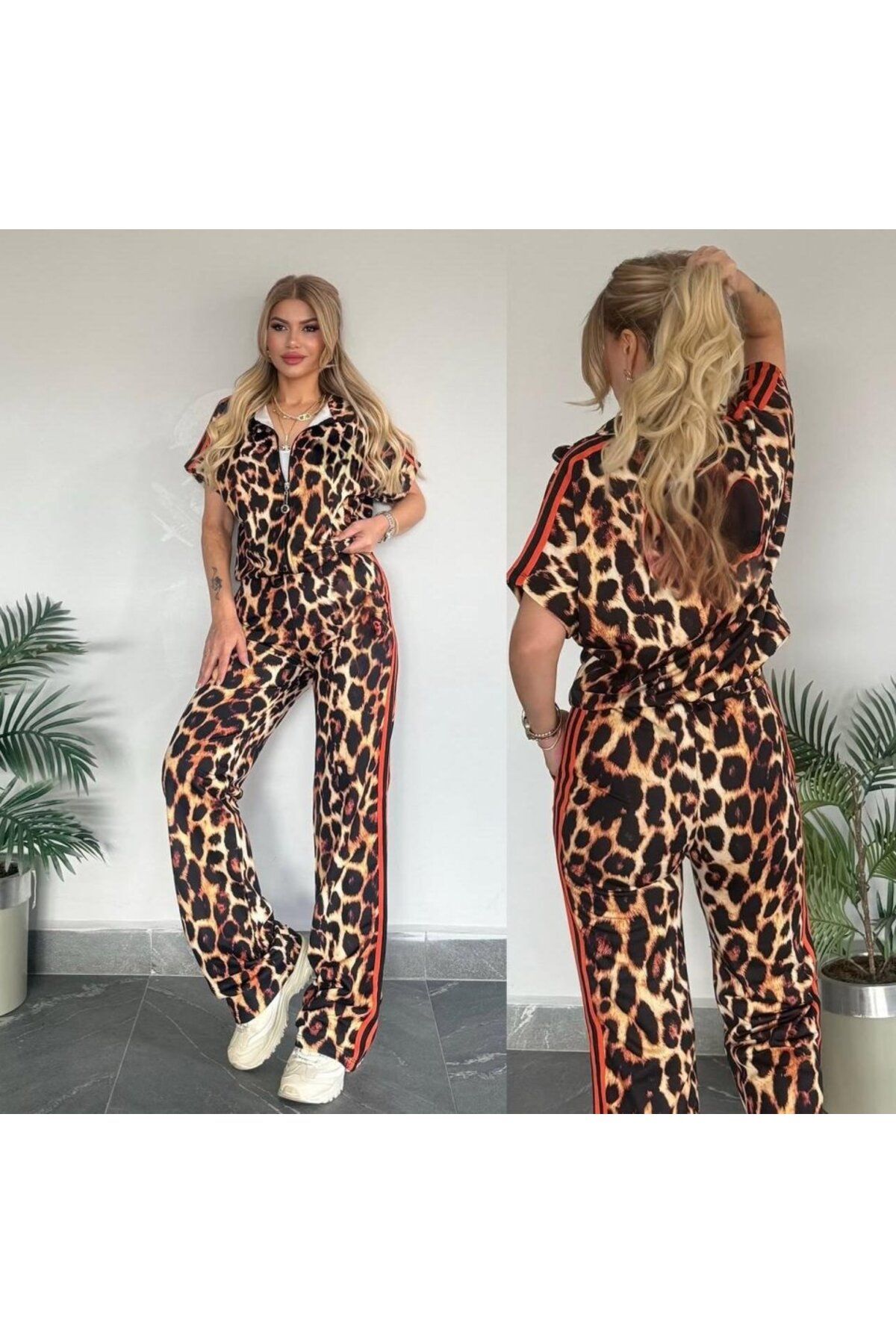 1001moda Kadın Dalgıç Kumaş Dijital Leopar Baskılı şerit Detaylı Takım