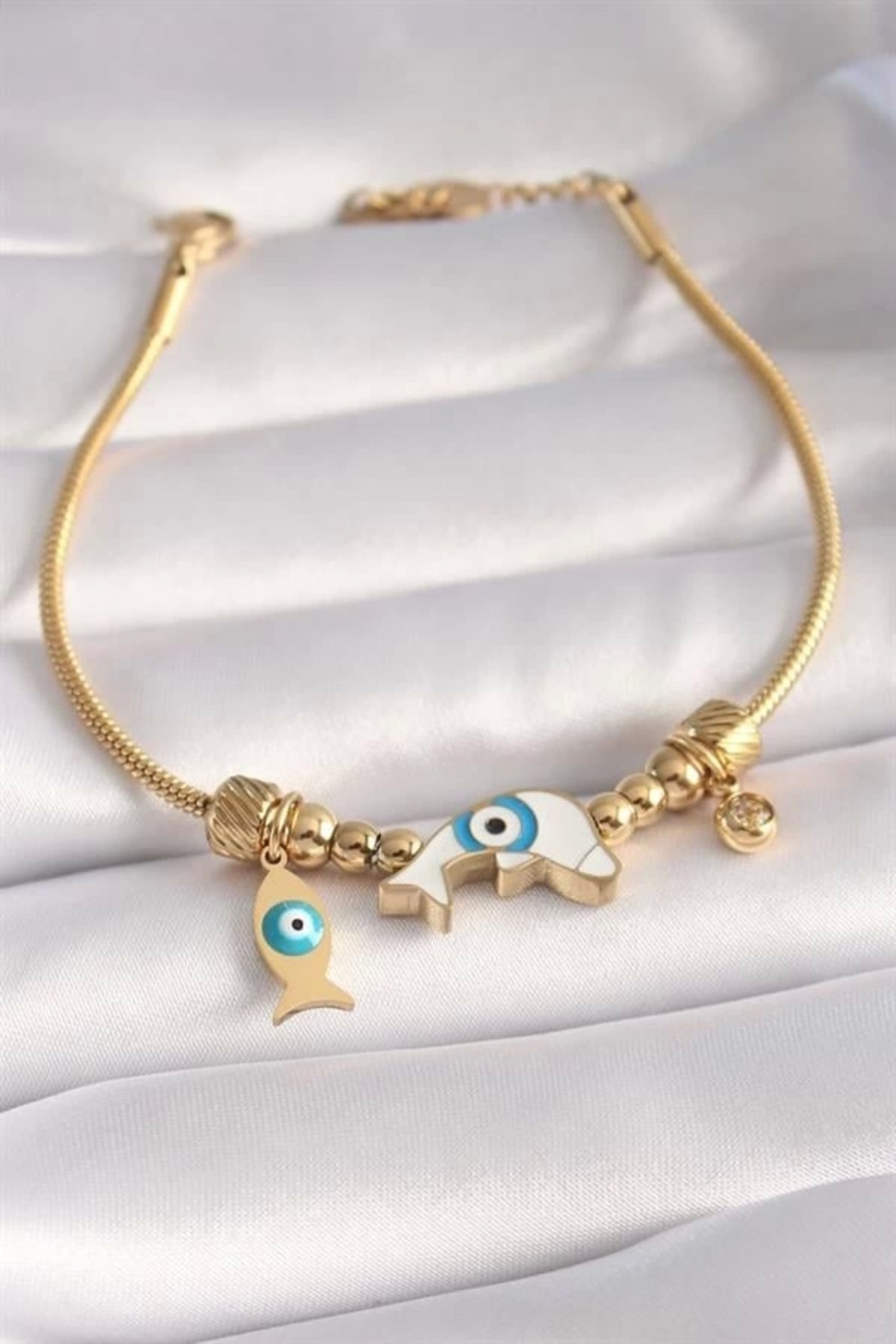 Lale Moda 316L Çelik Gold Renk Balık Figür Nazar Boncuk İşleme Kadın Bileklik